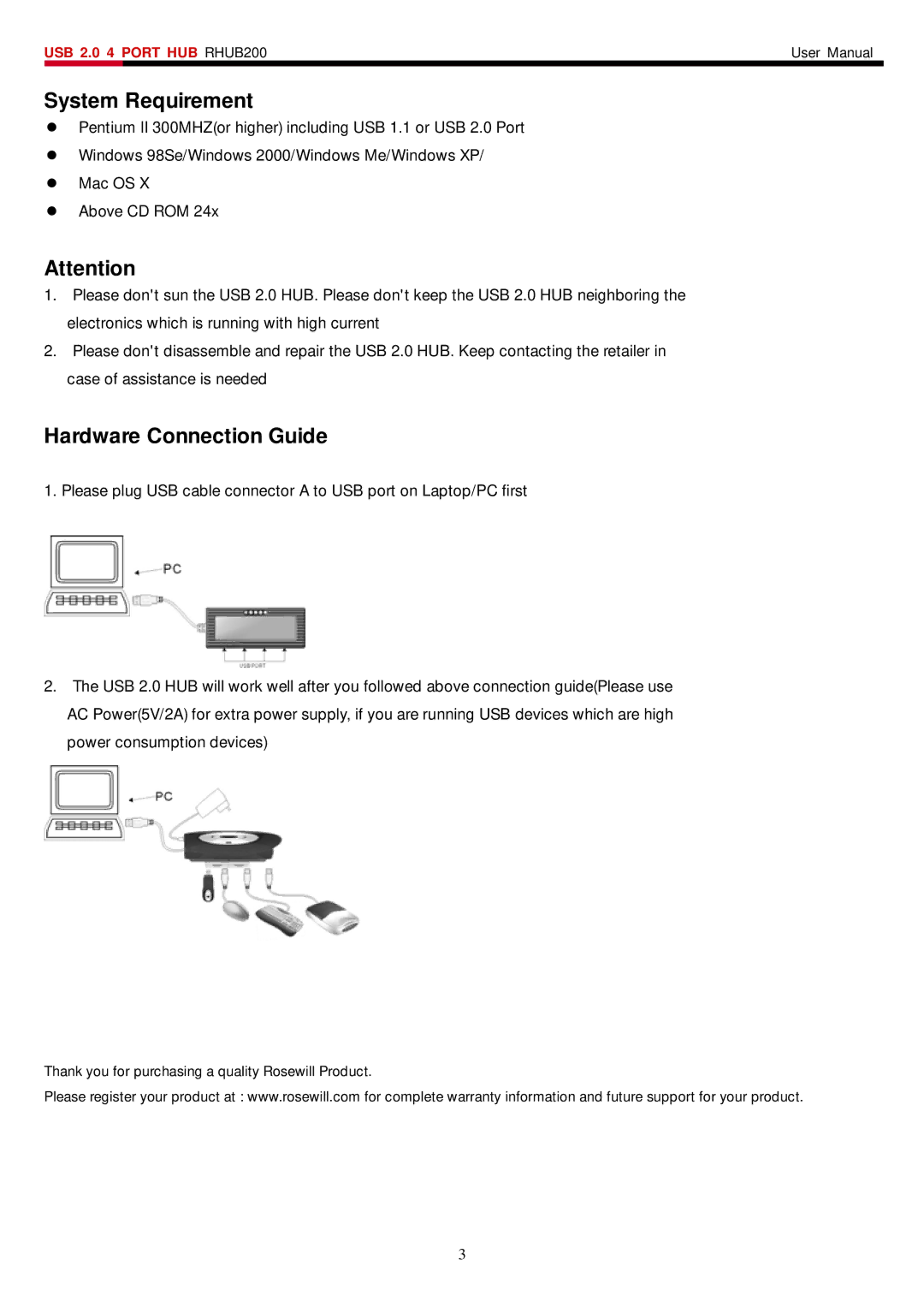 Rosewill RHUB-200 user manual System Requirement, Hardware Connection Guide 