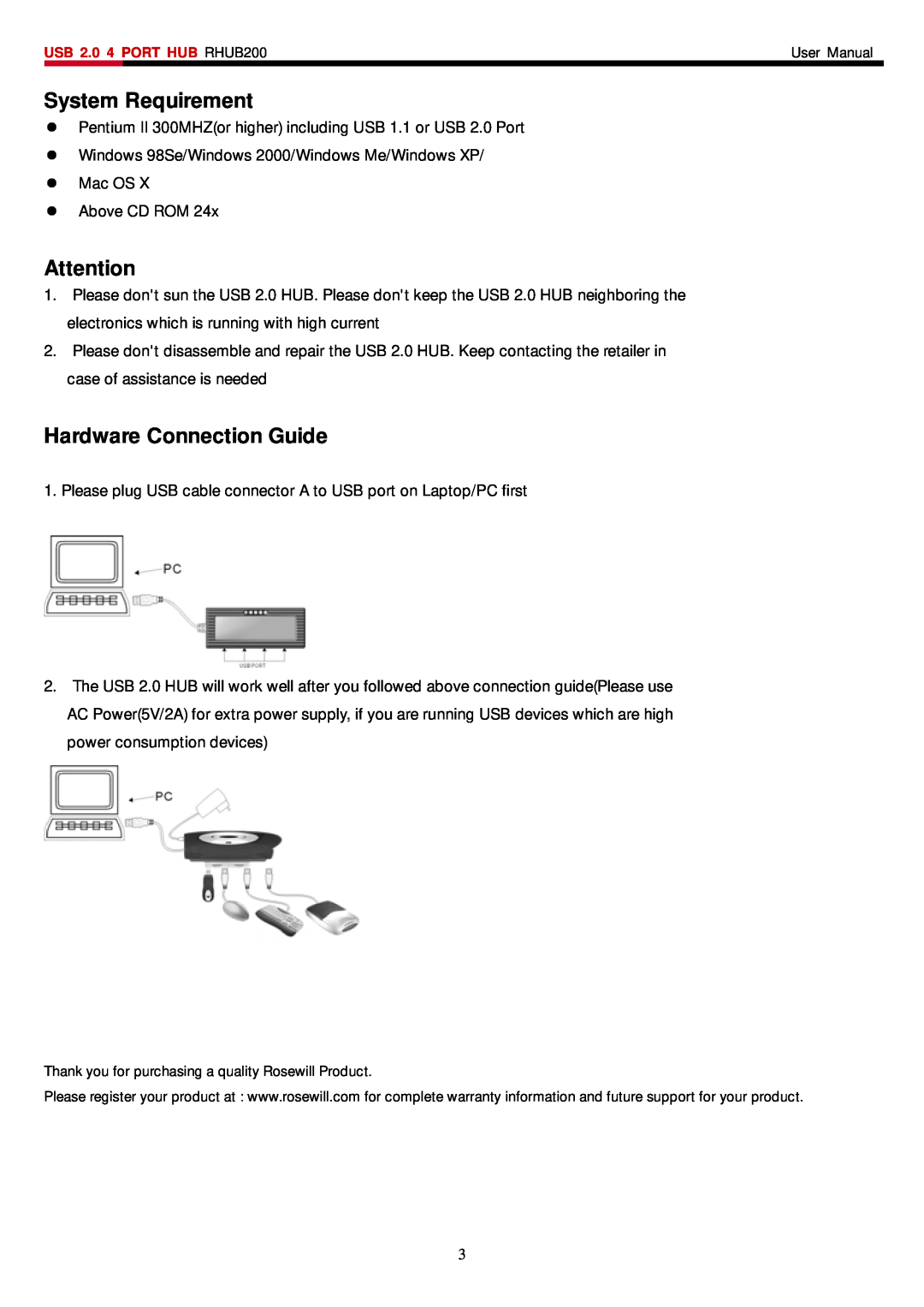Rosewill RHUB-200 user manual System Requirement, Hardware Connection Guide 