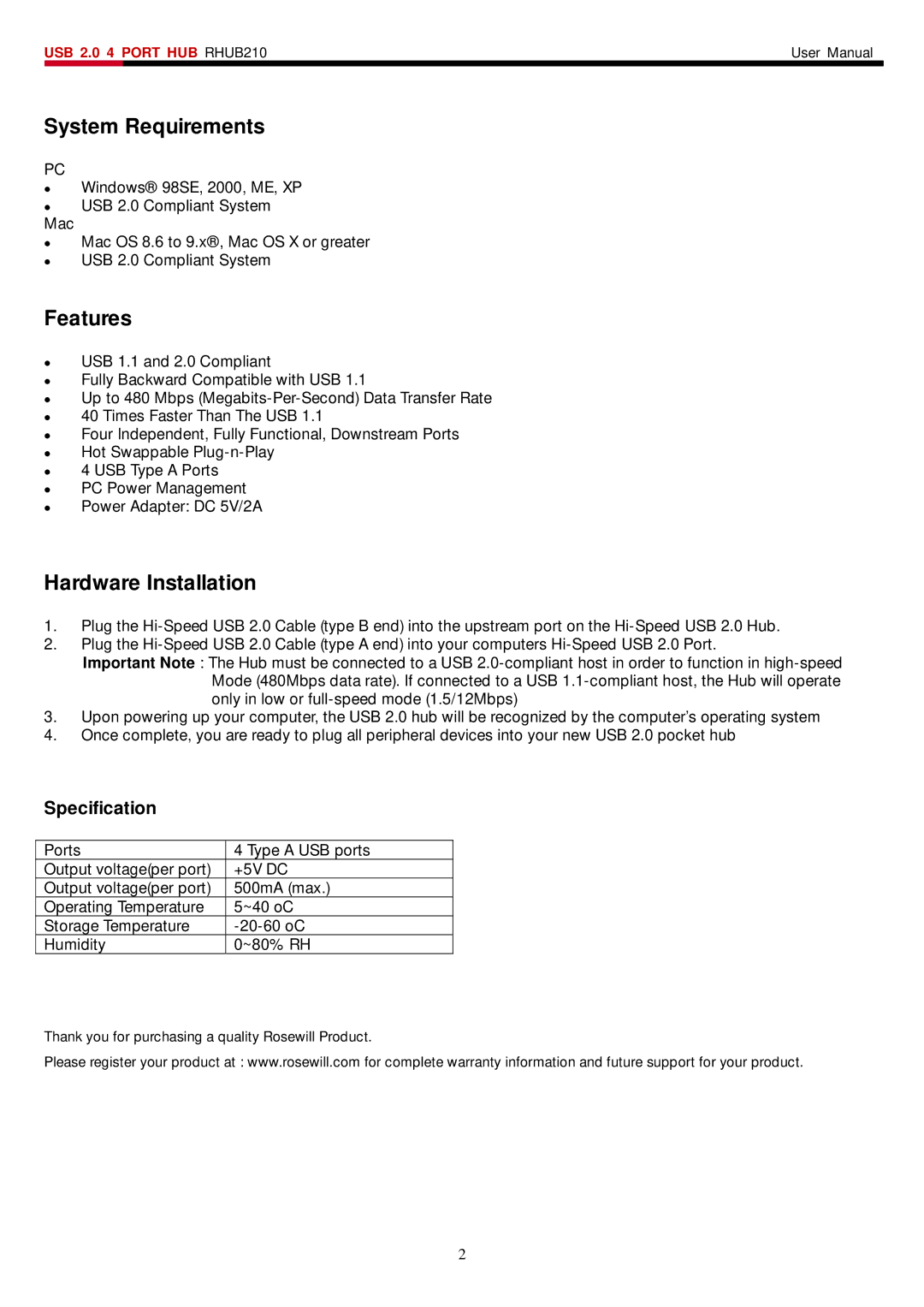 Rosewill RHUB-210 user manual System Requirements, Features, Hardware Installation, Specification 