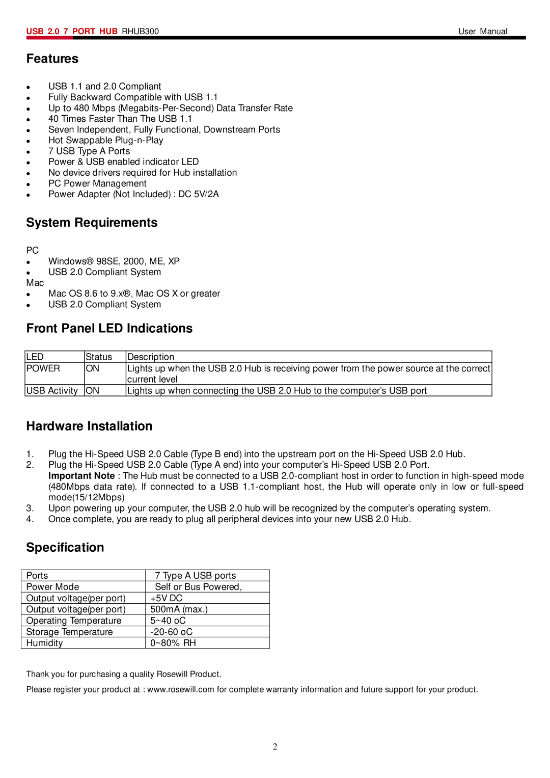 Rosewill RHUB-300 Features, System Requirements, Front Panel LED Indications, Hardware Installation, Specification 