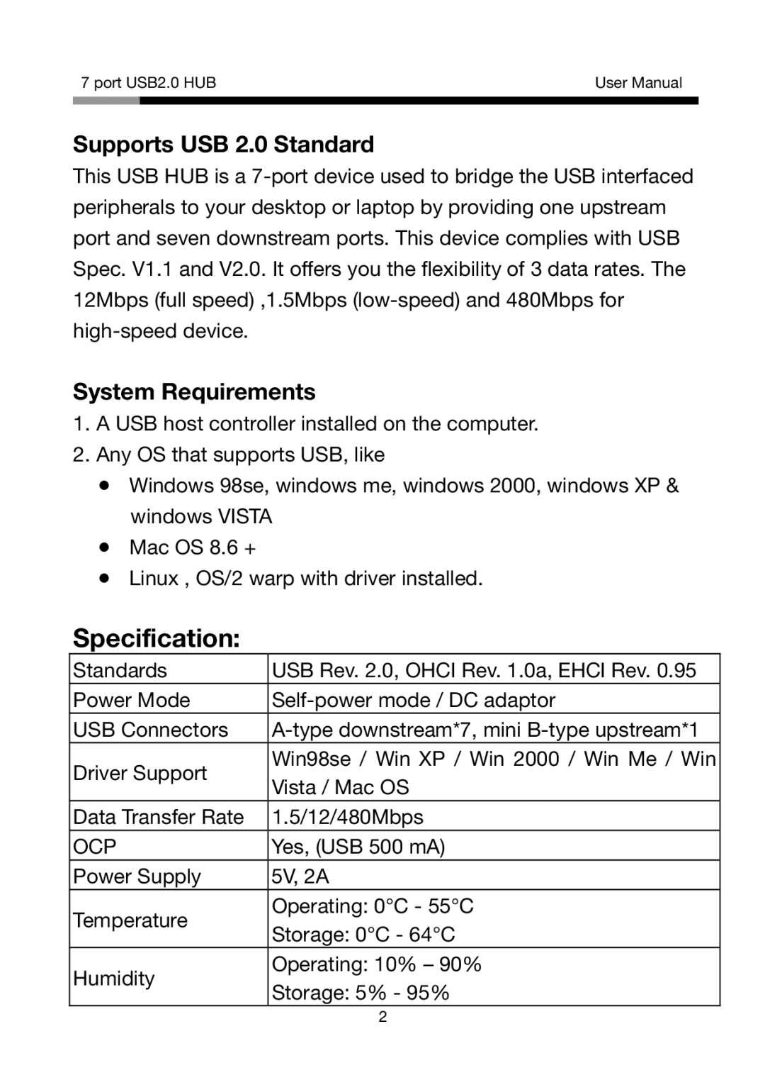 Rosewill RHUB-310S, RHUB-310B, RHUB310R, RHUB310W Specification, Supports USB 2.0 Standard, System Requirements, Ocp 