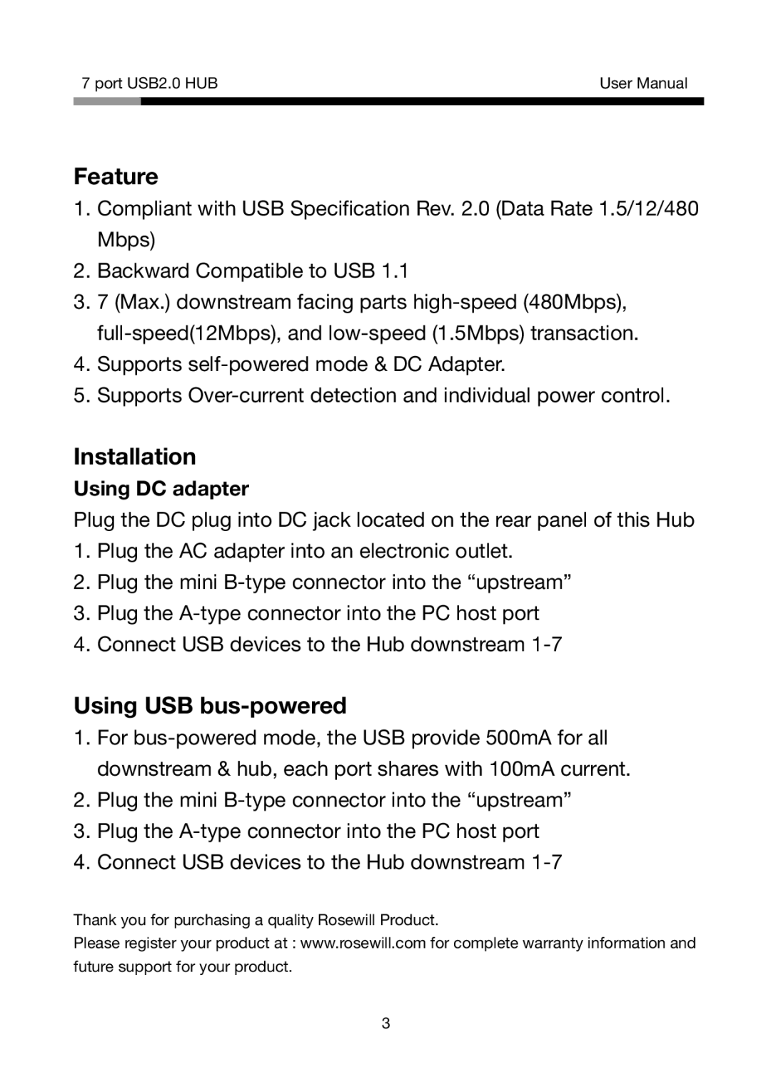 Rosewill RHUB310R, RHUB-310S, RHUB-310B, RHUB310W user manual Feature, Installation, Using USB bus-powered, Using DC adapter 