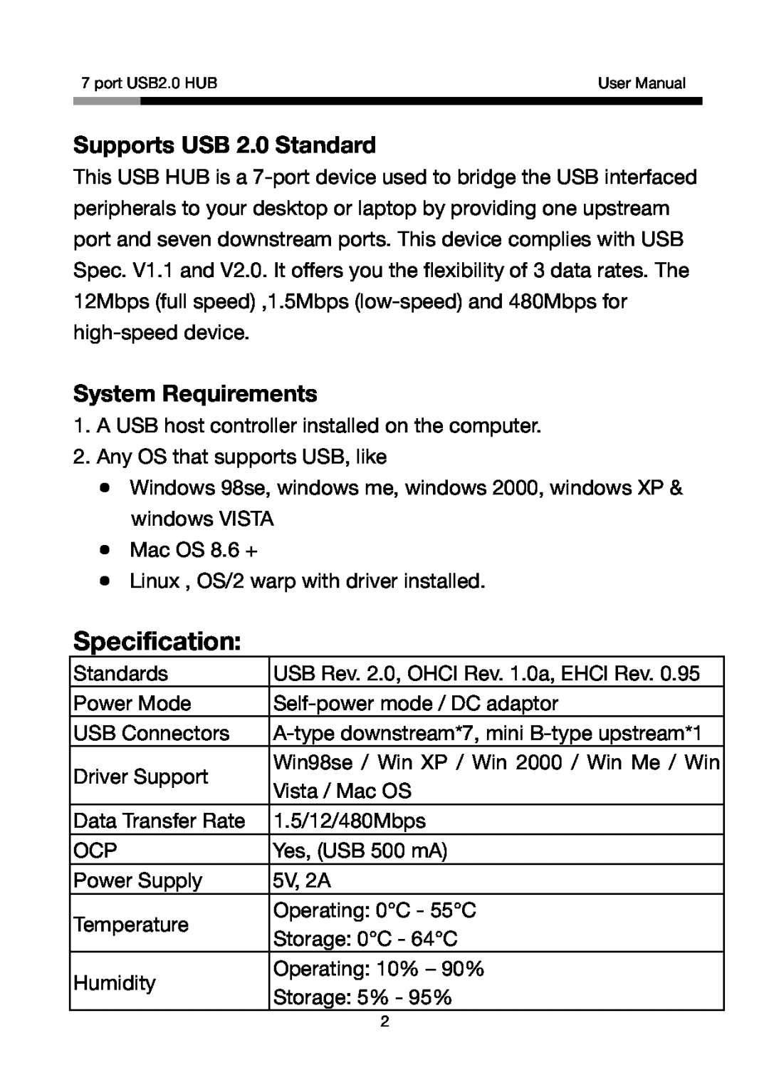 Rosewill RHUB-310S, RHUB-310B, RHUB310R, RHUB310W user manual Supports USB 2.0 Standard, System Requirements, Specification 