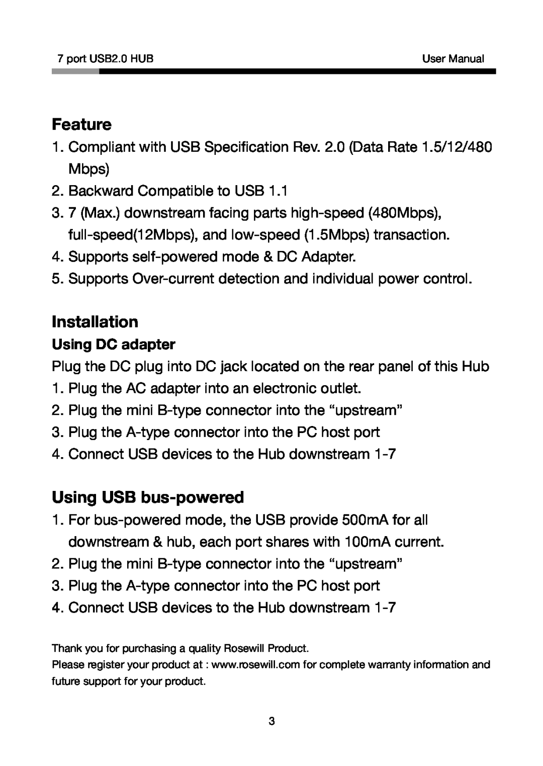 Rosewill RHUB310R, RHUB-310S, RHUB-310B, RHUB310W user manual Feature, Installation, Using USB bus-powered, Using DC adapter 
