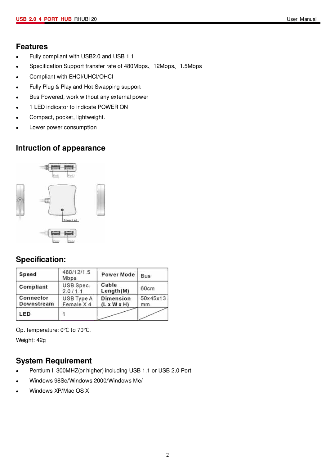 Rosewill RHUB120 user manual Features, Intruction of appearance Specification, System Requirement 