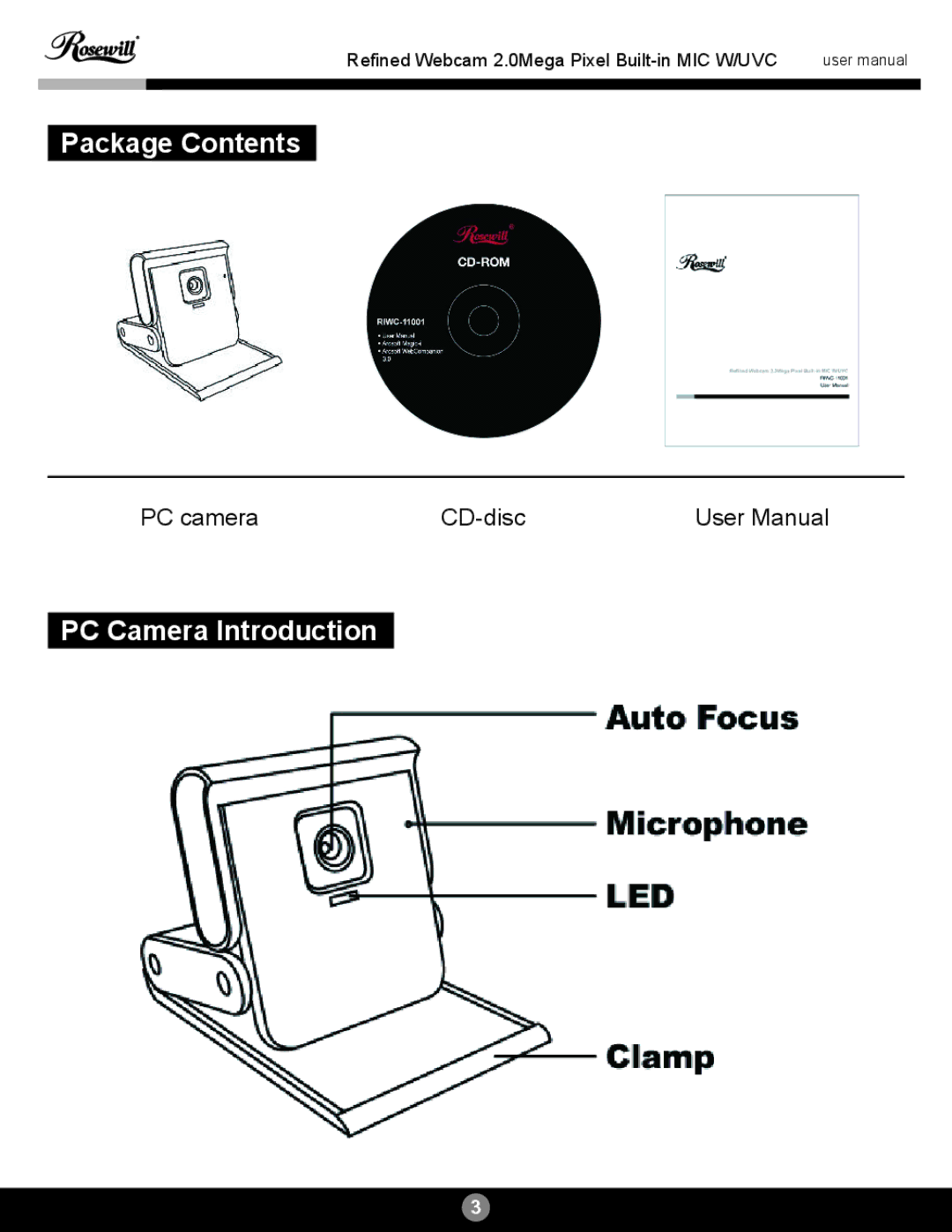 Rosewill RIWC-11001 user manual Package Contents, PC Camera Introduction 