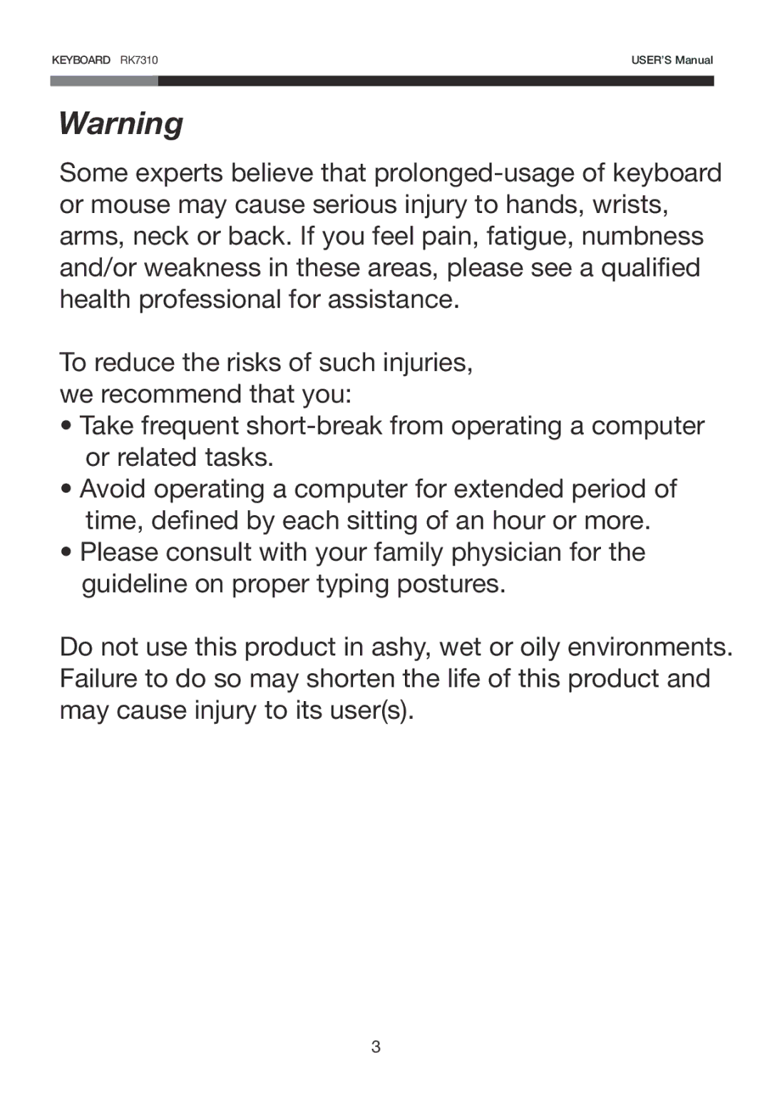 Rosewill RK-7310 user manual Keyboard RK7310 