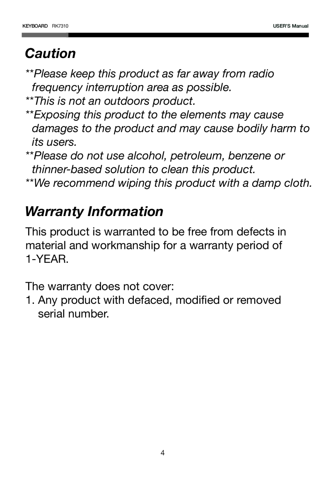 Rosewill RK-7310 user manual Warranty Information 