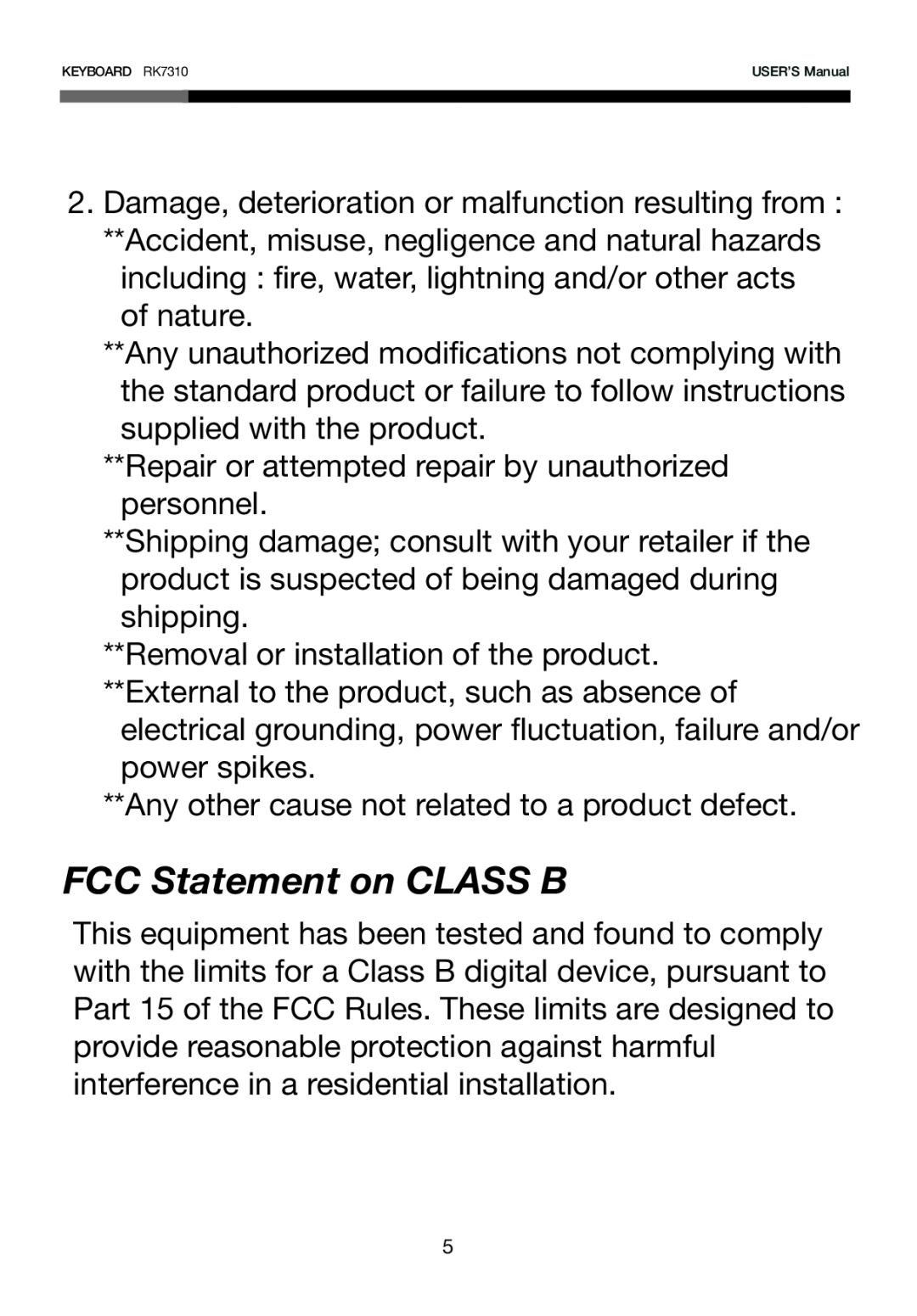 Rosewill RK-7310 user manual FCC Statement on CLASS B 