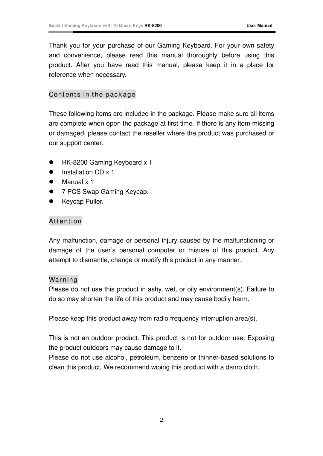 Rosewill RK-8200 user manual Contents in the package 