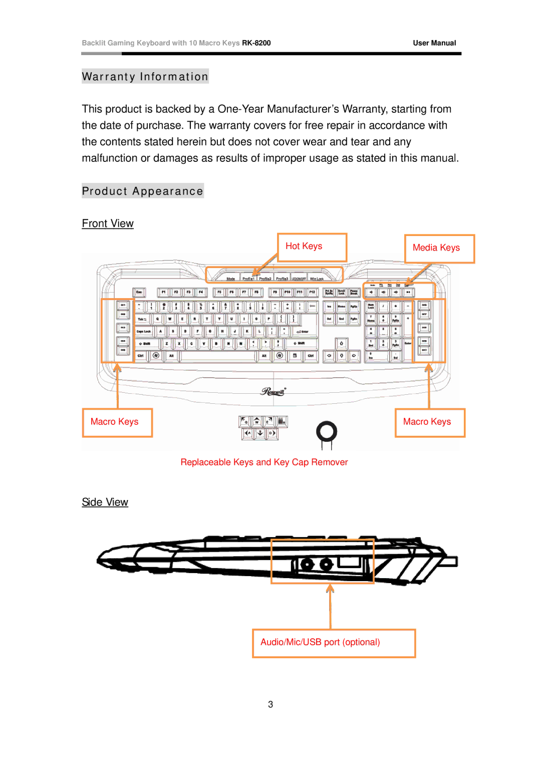 Rosewill RK-8200 user manual Warranty Information, Product Appearance 