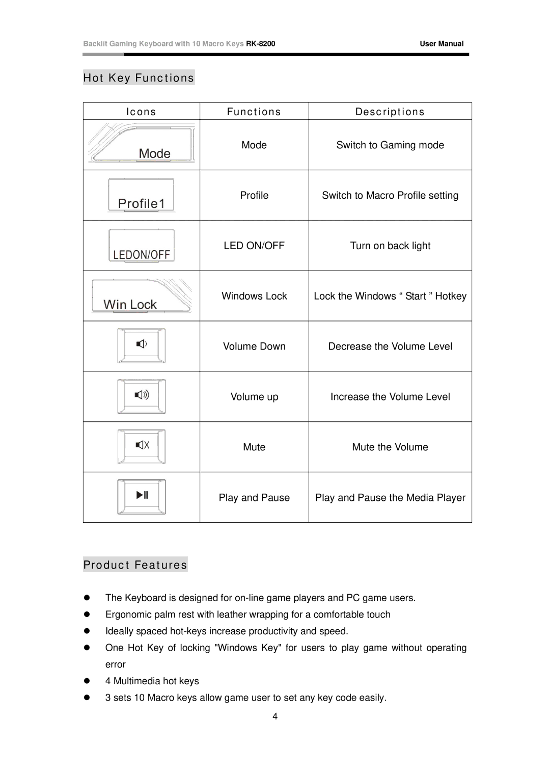 Rosewill RK-8200 user manual Hot Key Functions, Product Features, Icons Functions Descriptions 