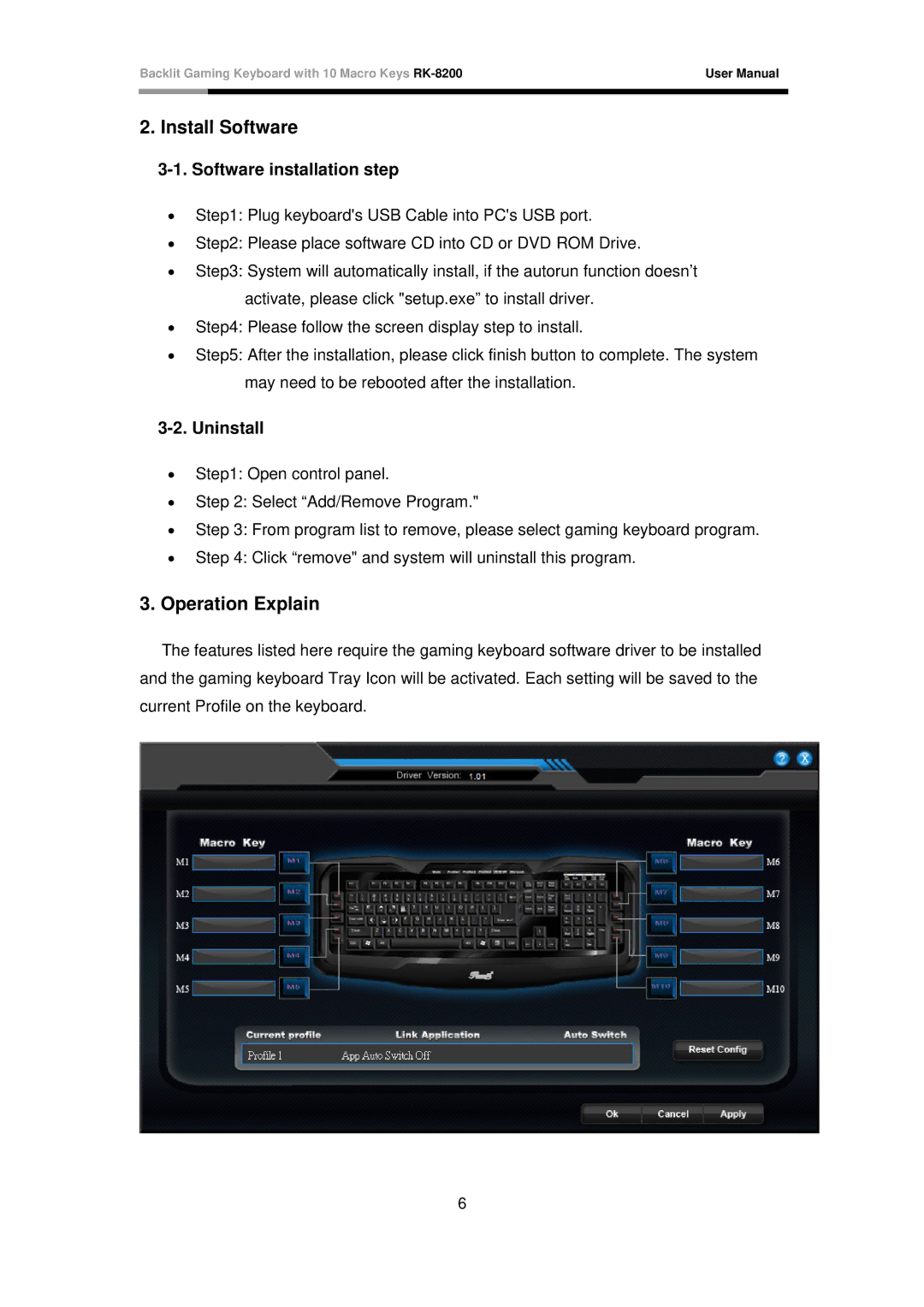 Rosewill RK-8200 user manual Install Software, Operation Explain, Software installation step, Uninstall 