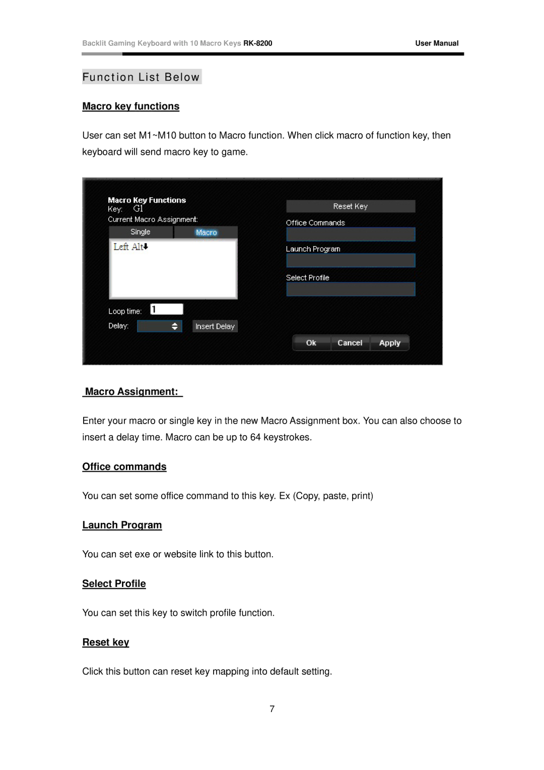 Rosewill RK-8200 user manual Function List Below 