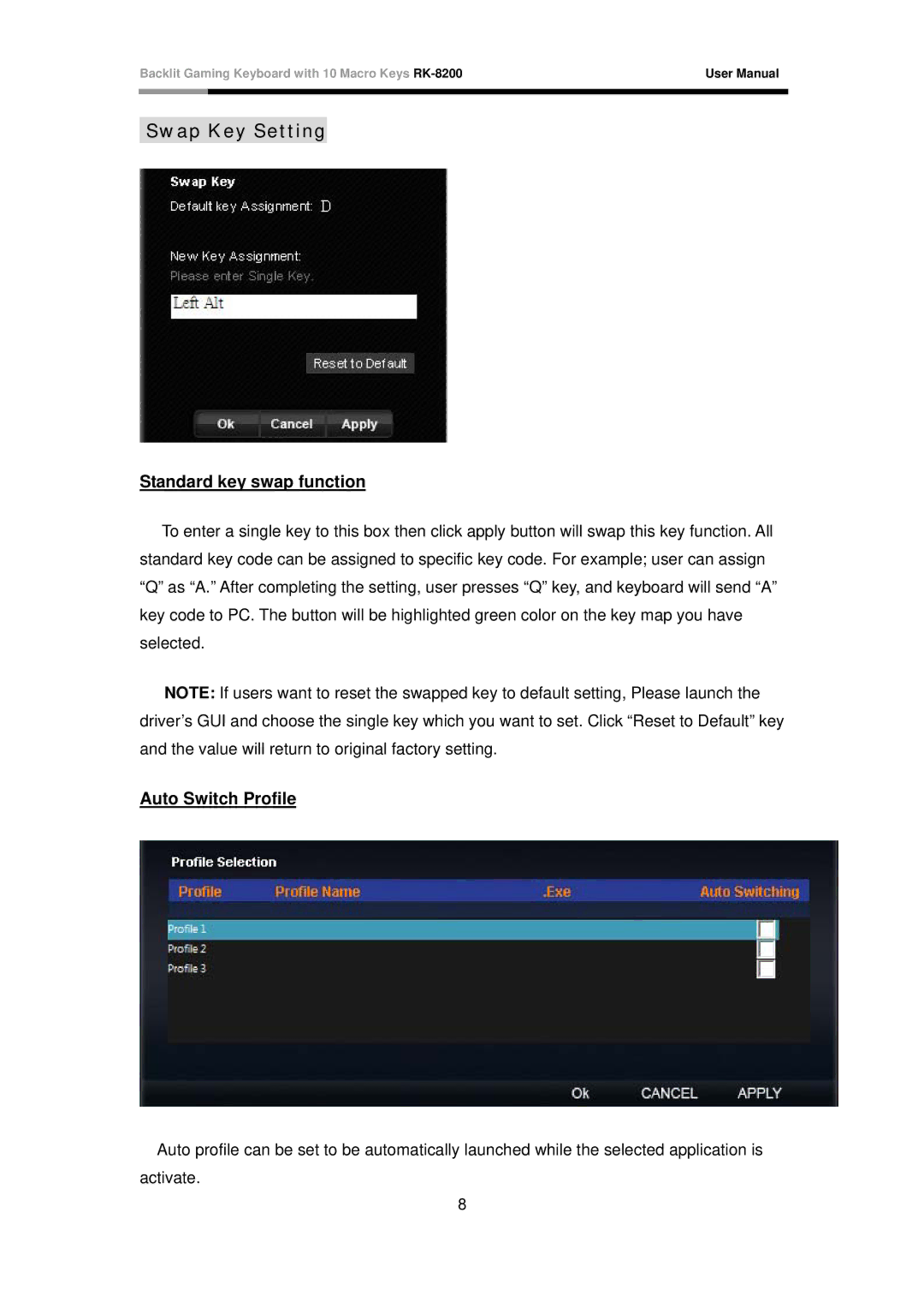 Rosewill RK-8200 user manual Swap Key Setting, Standard key swap function, Auto Switch Profile 