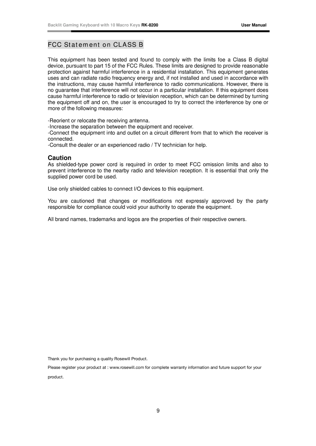 Rosewill RK-8200 user manual FCC Statement on Class B 