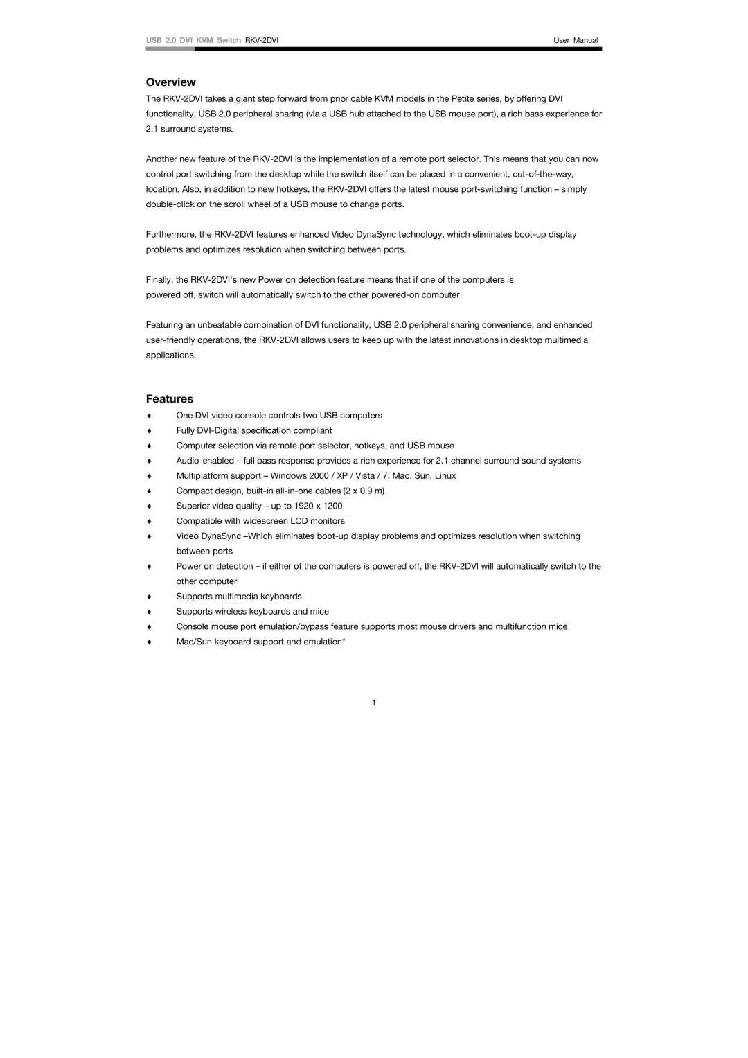 Rosewill RKV-2DVI user manual Overview, Features 