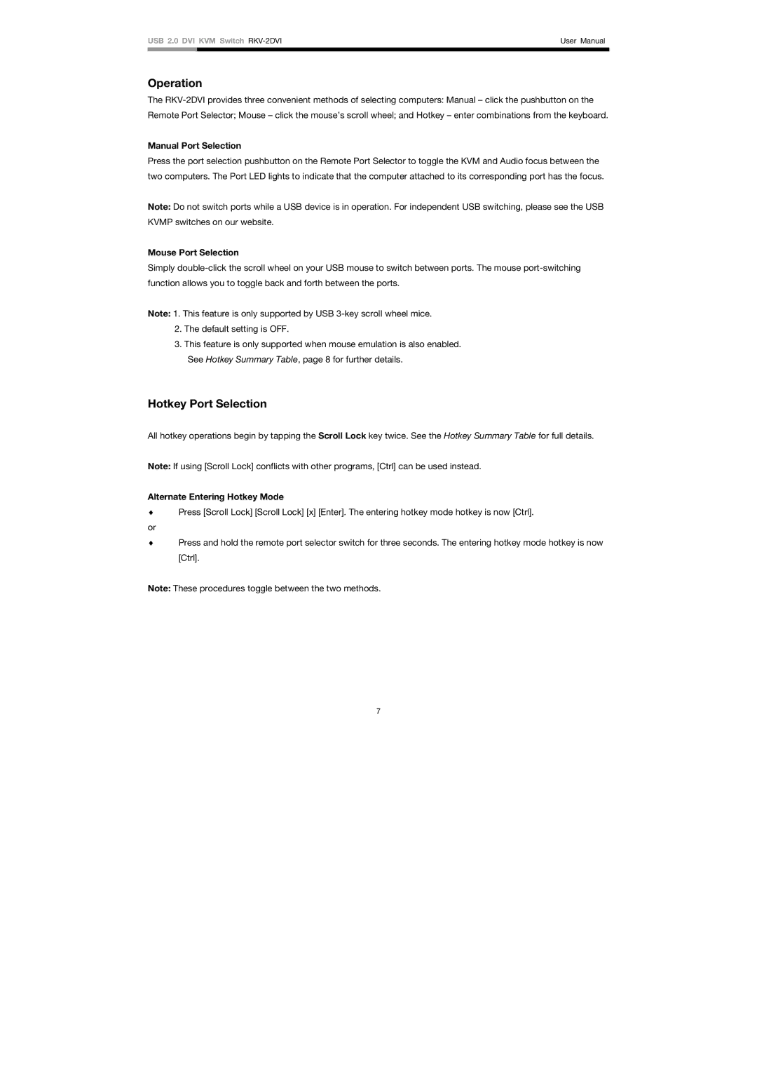 Rosewill RKV-2DVI user manual Operation, Hotkey Port Selection, Manual Port Selection, Mouse Port Selection 