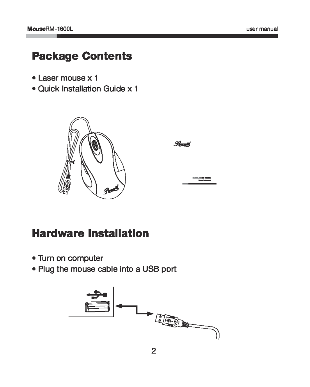 Rosewill Package Contents, Hardware Installation, MouseRM-1600L, user manual 