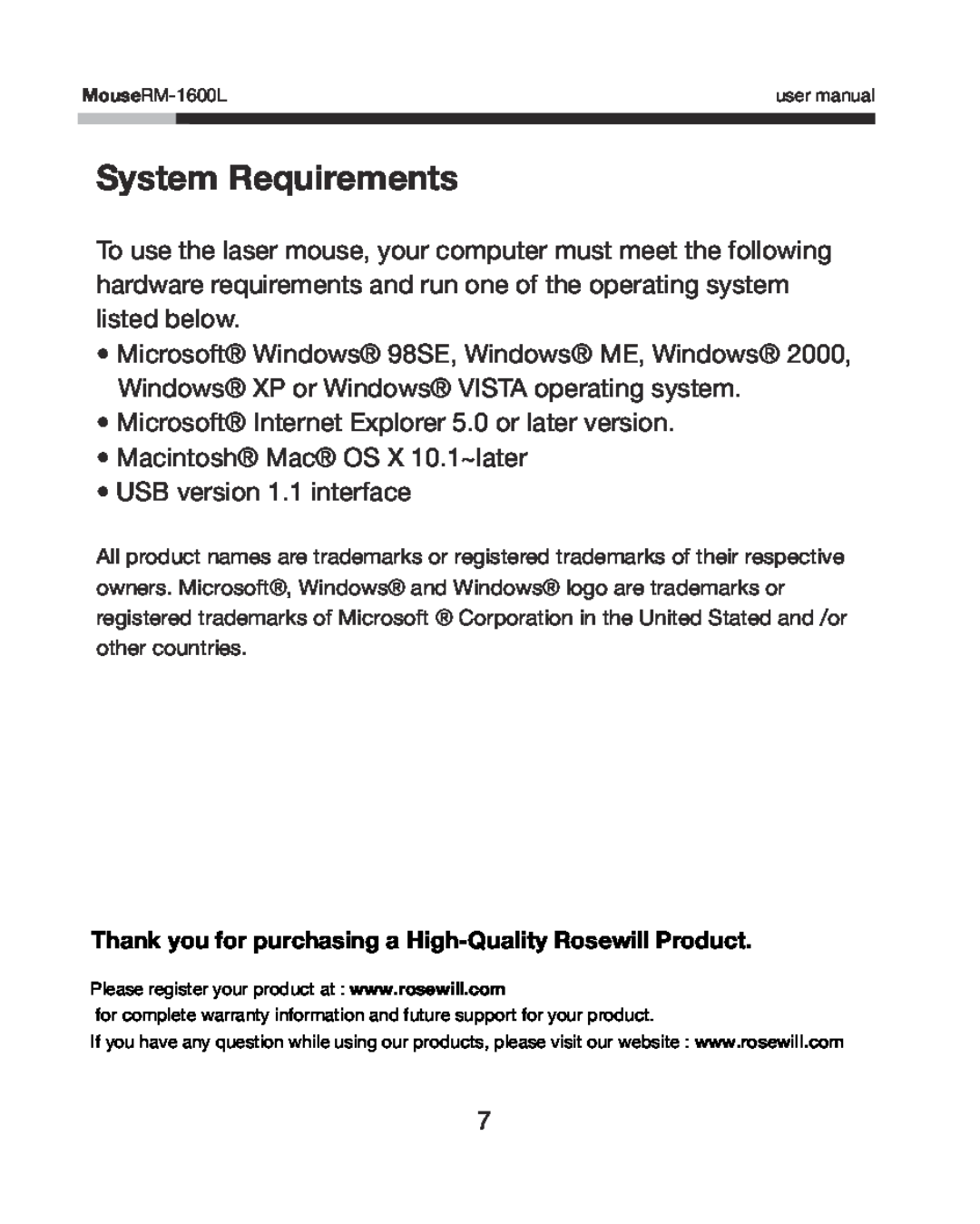 Rosewill RM-1600L user manual System Requirements 
