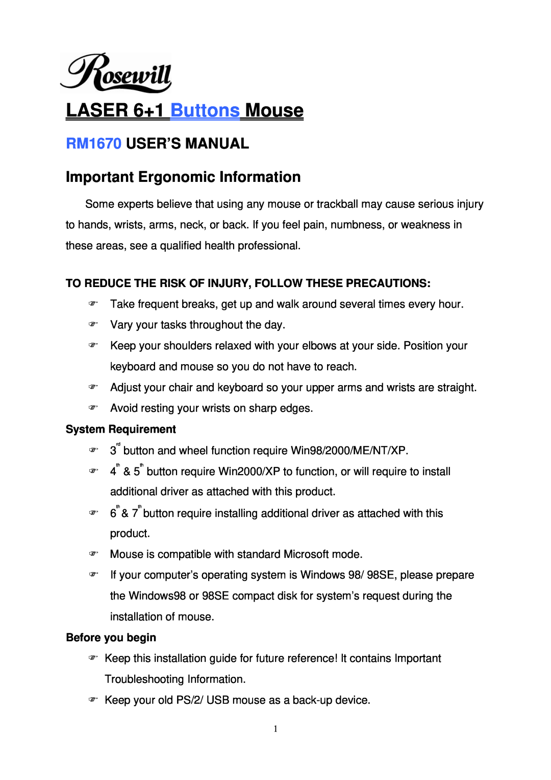 Rosewill user manual RM1670 USER’S MANUAL Important Ergonomic Information, System Requirement, Before you begin 