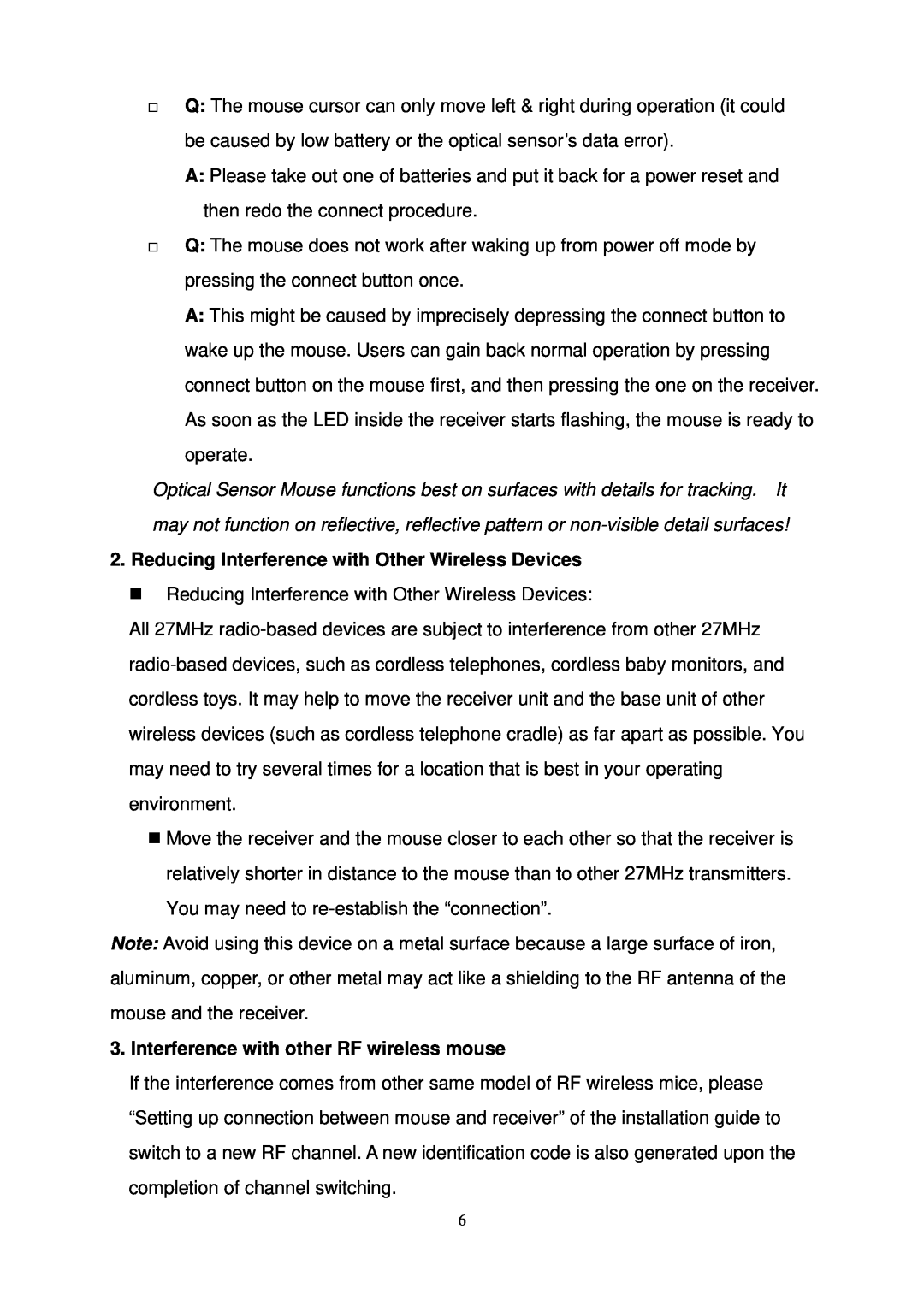 Rosewill RM1670 user manual Reducing Interference with Other Wireless Devices, Interference with other RF wireless mouse 