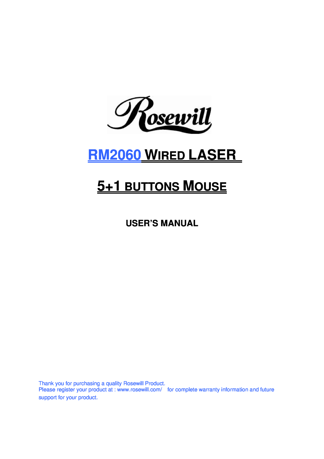 Rosewill user manual User’S Manual, RM2060 WIRED LASER, 5+1 BUTTONS MOUSE 