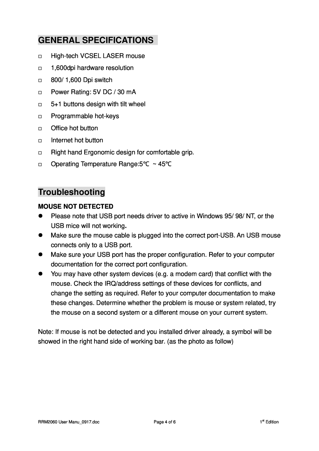 Rosewill RM2060 user manual General Specifications, Troubleshooting, Mouse Not Detected 