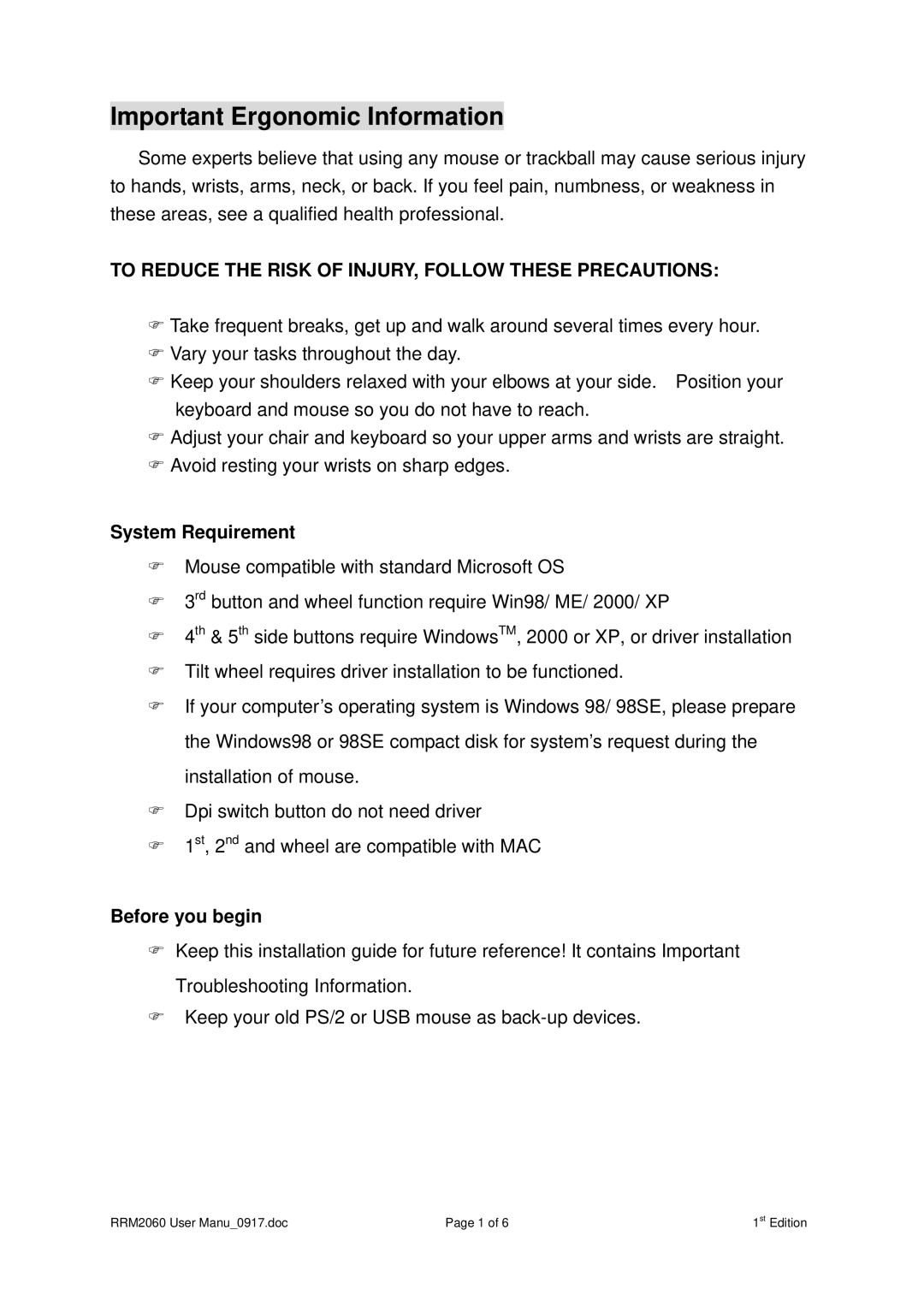 Rosewill RM2060 Important Ergonomic Information, To Reduce the Risk of INJURY, Follow These Precautions, Before you begin 