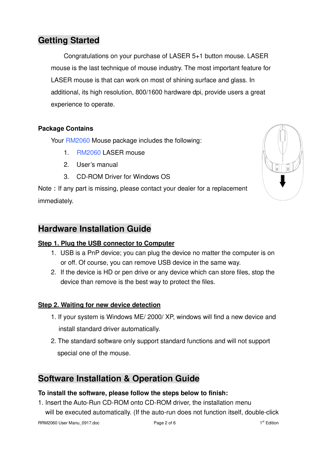 Rosewill RM2060 user manual Getting Started, Hardware Installation Guide, Software Installation & Operation Guide 