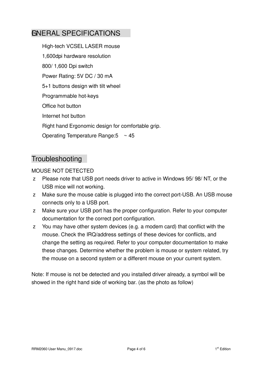 Rosewill RM2060 user manual General Specifications, Troubleshooting, Mouse not Detected 