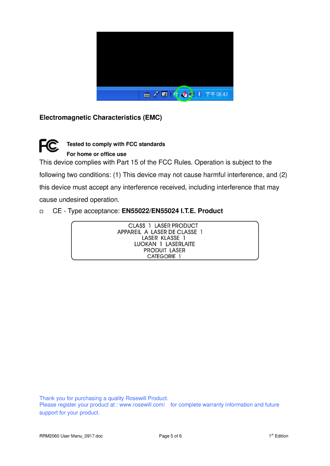 Rosewill RM2060 user manual Electromagnetic Characteristics EMC, CE Type acceptance EN55022/EN55024 I.T.E. Product 