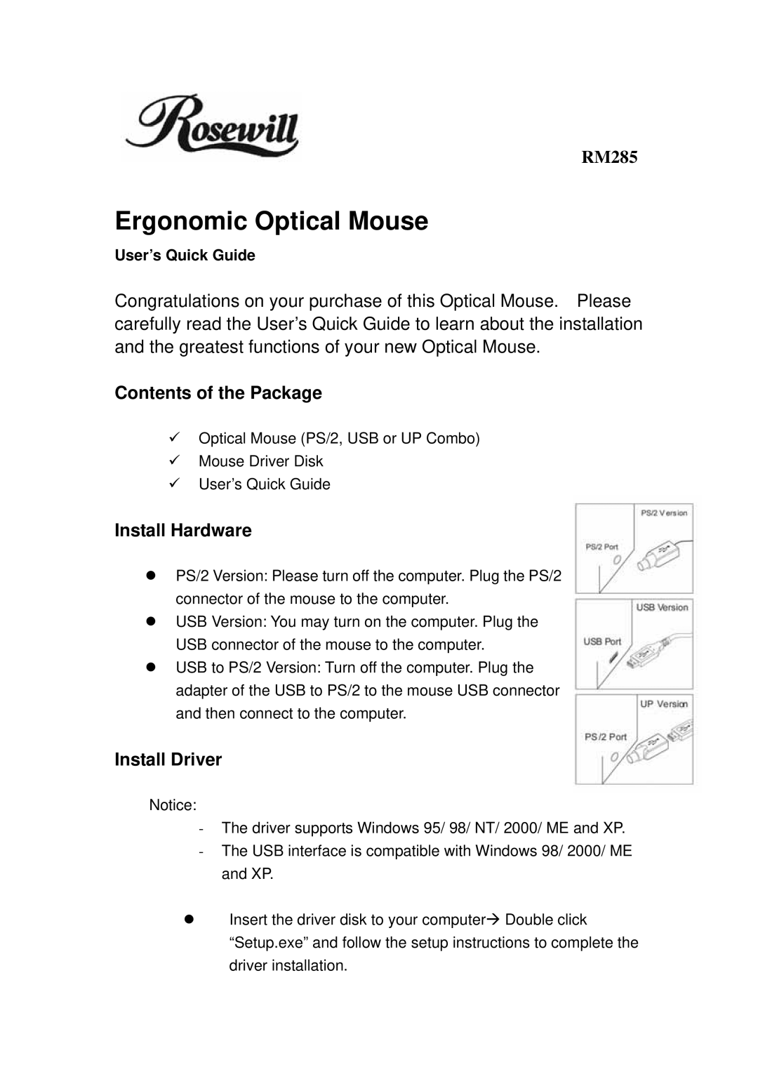 Rosewill RM285 manual Ergonomic Optical Mouse, Contents of the Package, Install Hardware, Install Driver 