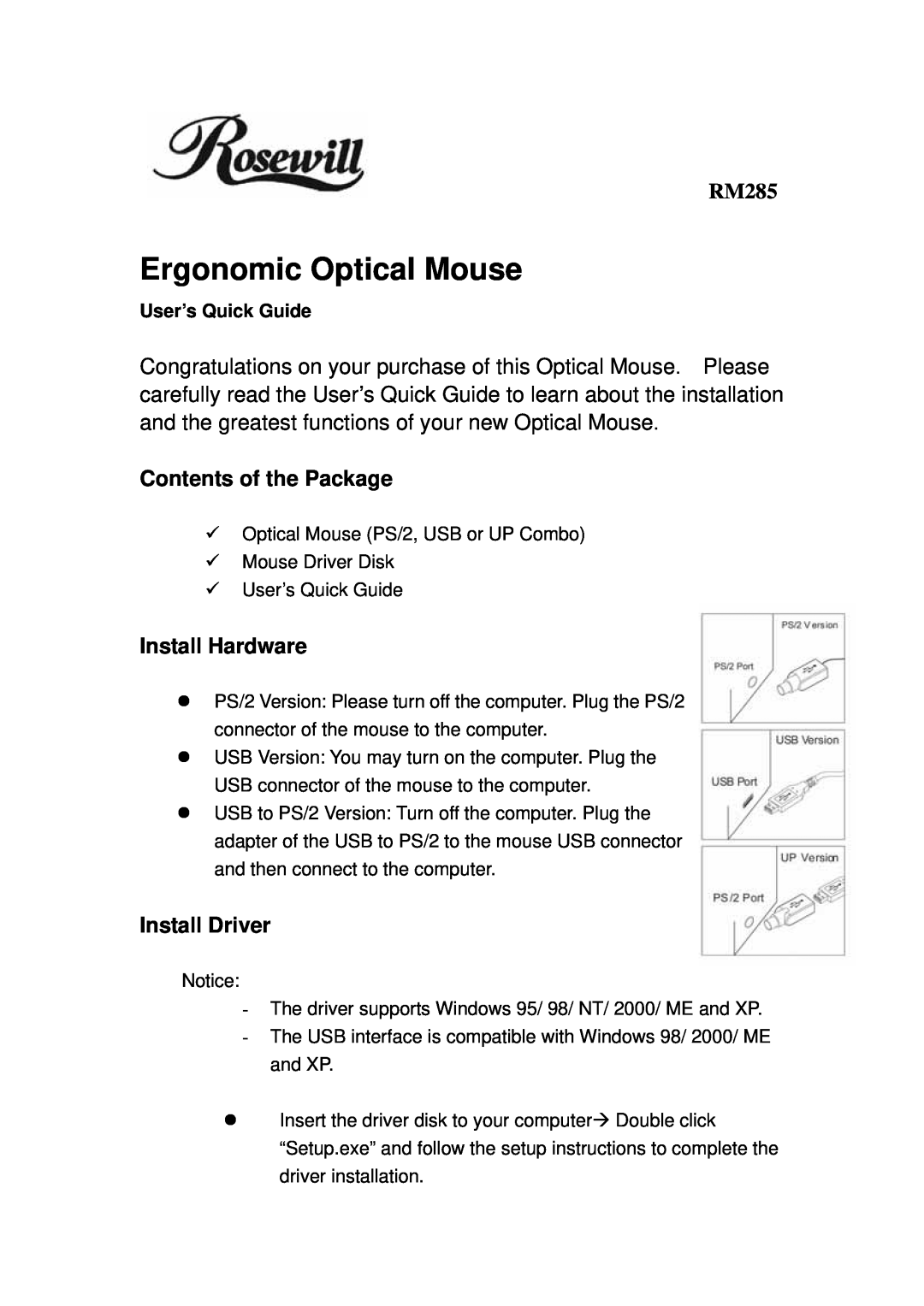 Rosewill RM285 manual Ergonomic Optical Mouse, Contents of the Package, Install Hardware, Install Driver 