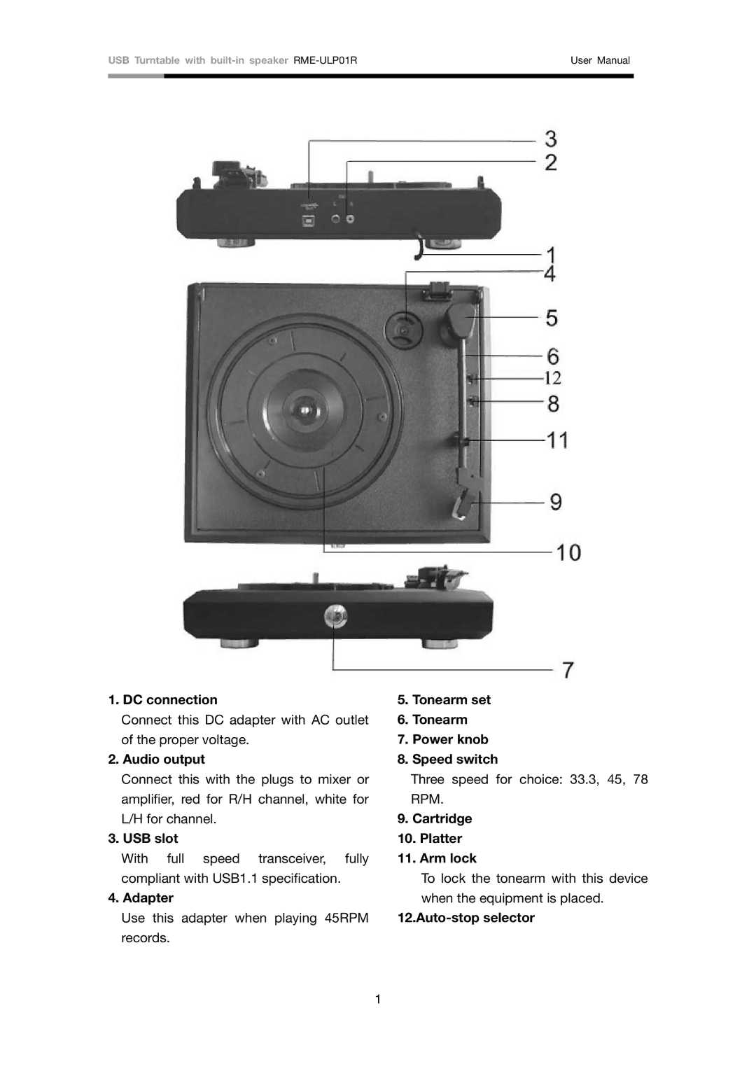 Rosewill RME-ULP01R user manual DC connection, Audio output, USB slot, Adapter, Tonearm set Power knob Speed switch 