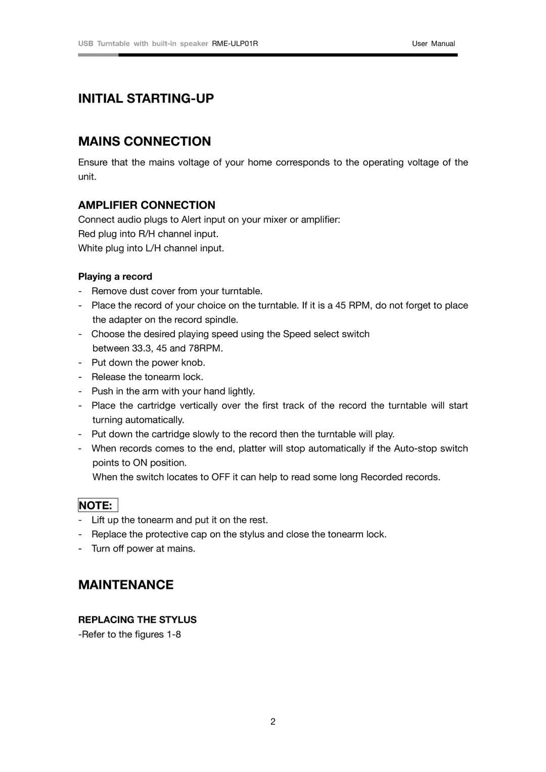 Rosewill RME-ULP01R user manual Playing a record, Replacing the Stylus 