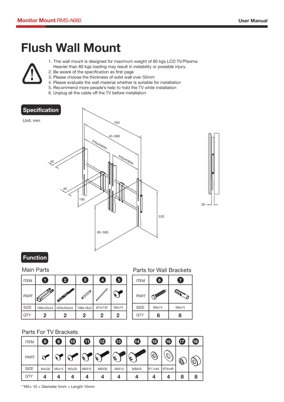 Rosewill RMS-A660 user manual Flush Wall Mount, Specification, Function 