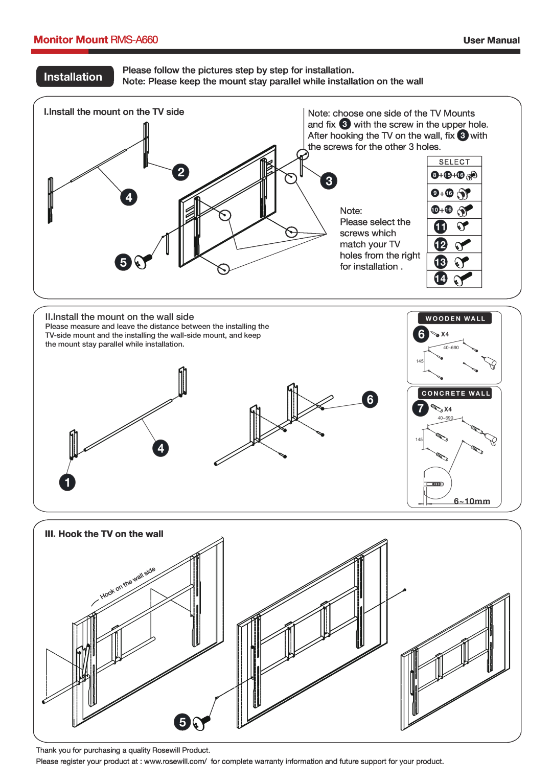 Rosewill RMS-A660 user manual Installation, III. Hook the TV on the wall 