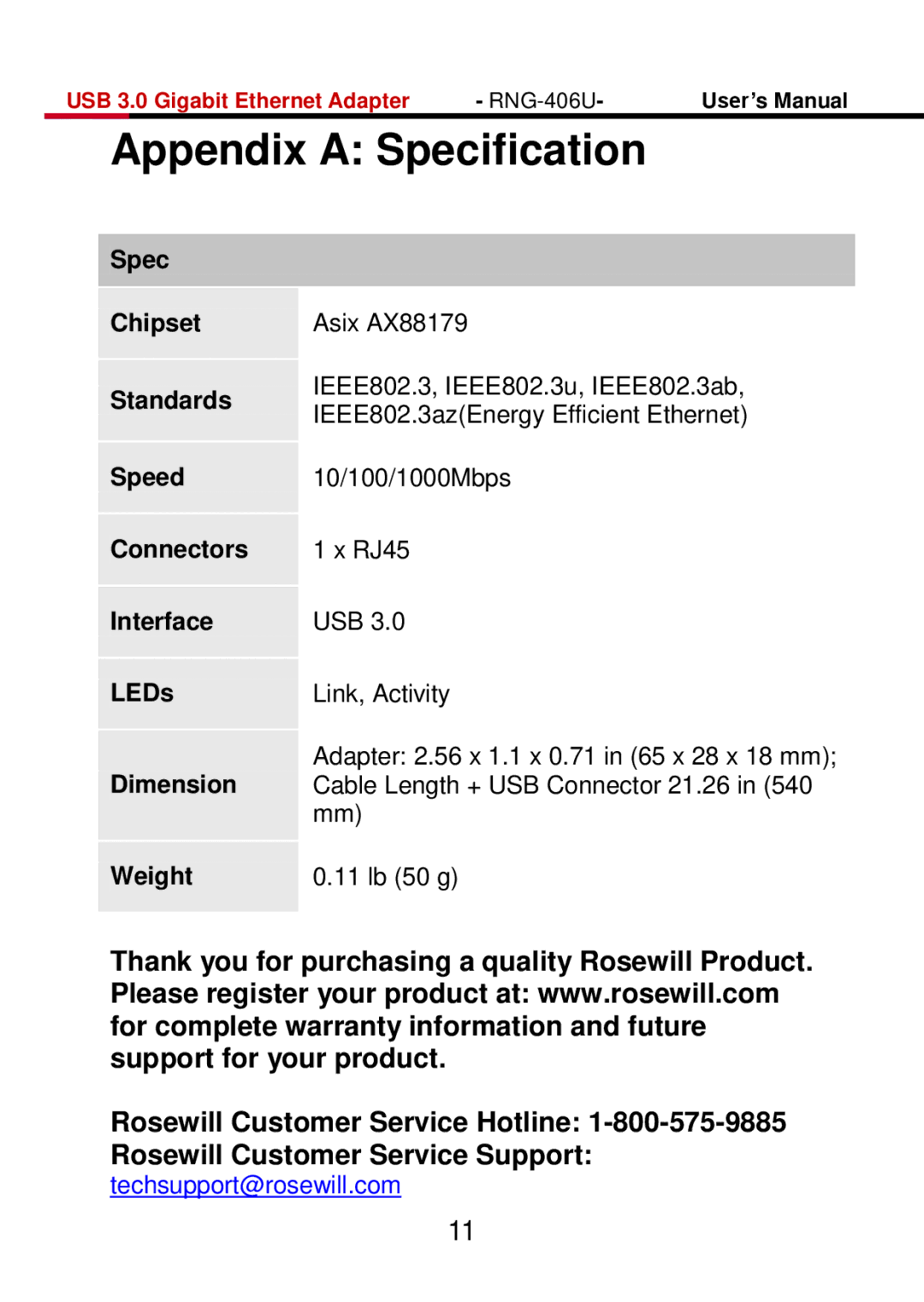 Rosewill RNG-406U user manual Appendix a Specification 