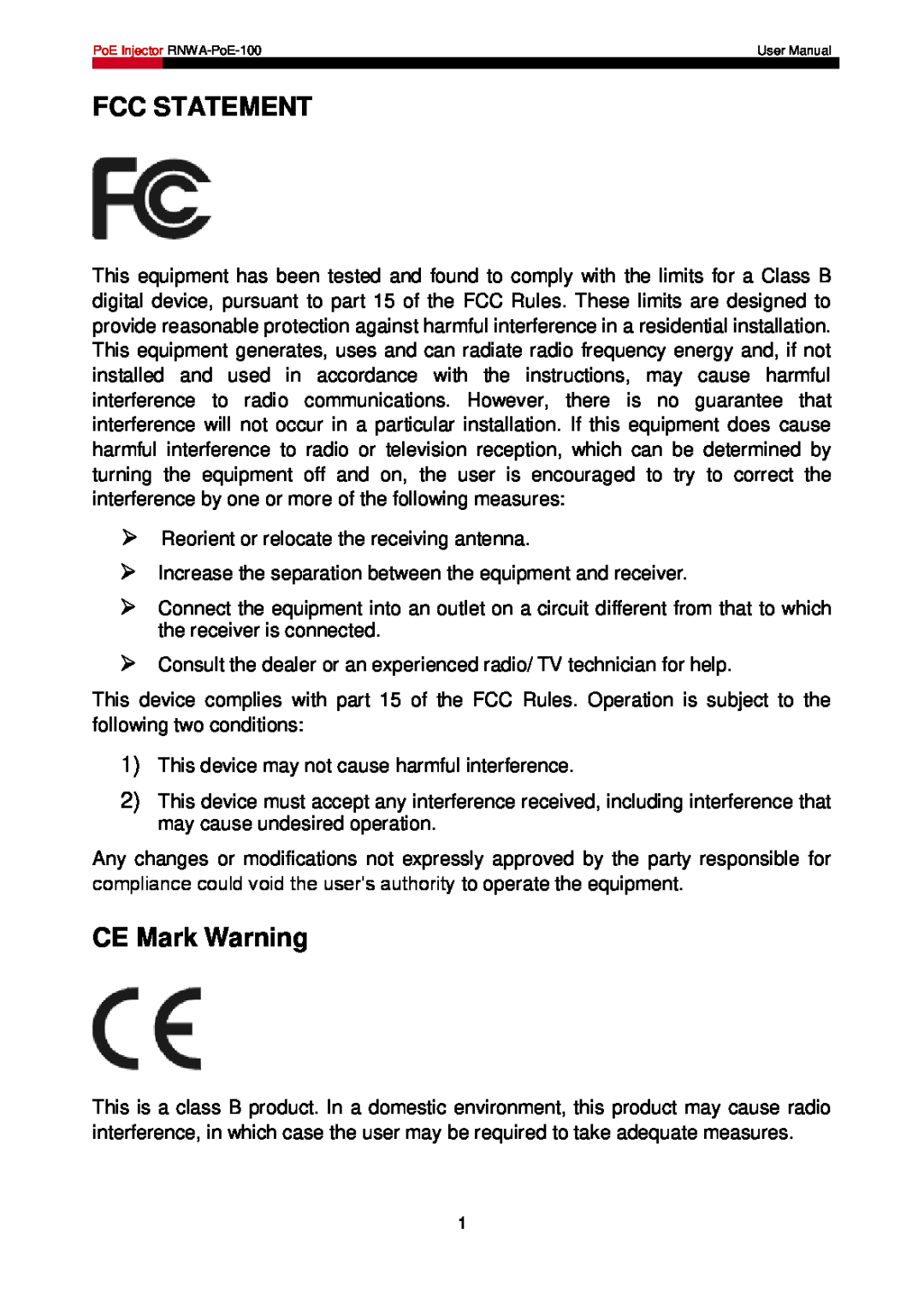 Rosewill RNWA-PoE-100 user manual Fcc Statement, CE Mark Warning 