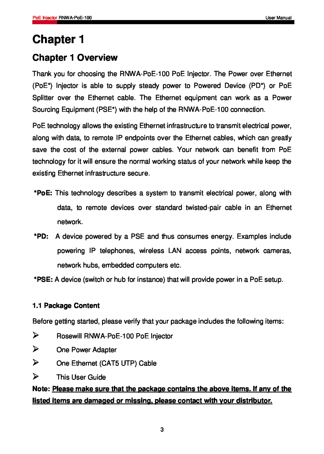 Rosewill RNWA-PoE-100 user manual Chapter, Overview, Package Content 