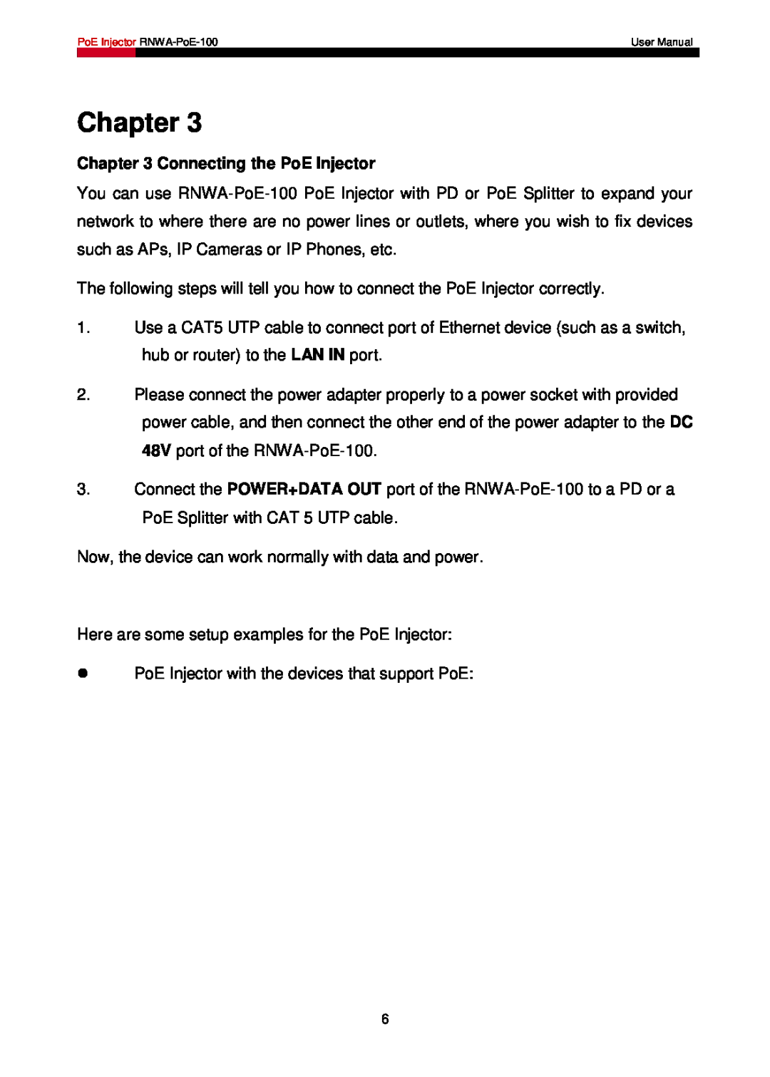 Rosewill RNWA-PoE-100 user manual Connecting the PoE Injector, Chapter 