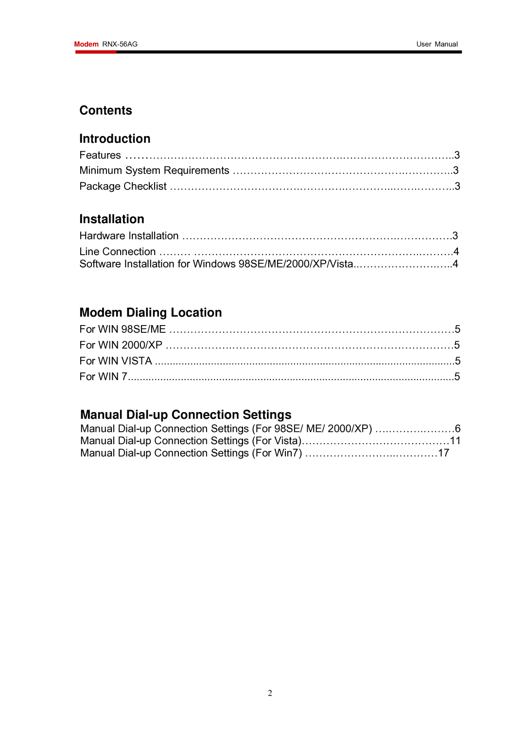 Rosewill RNX-56AG Contents Introduction, Installation, Modem Dialing Location, Manual Dial-up Connection Settings 