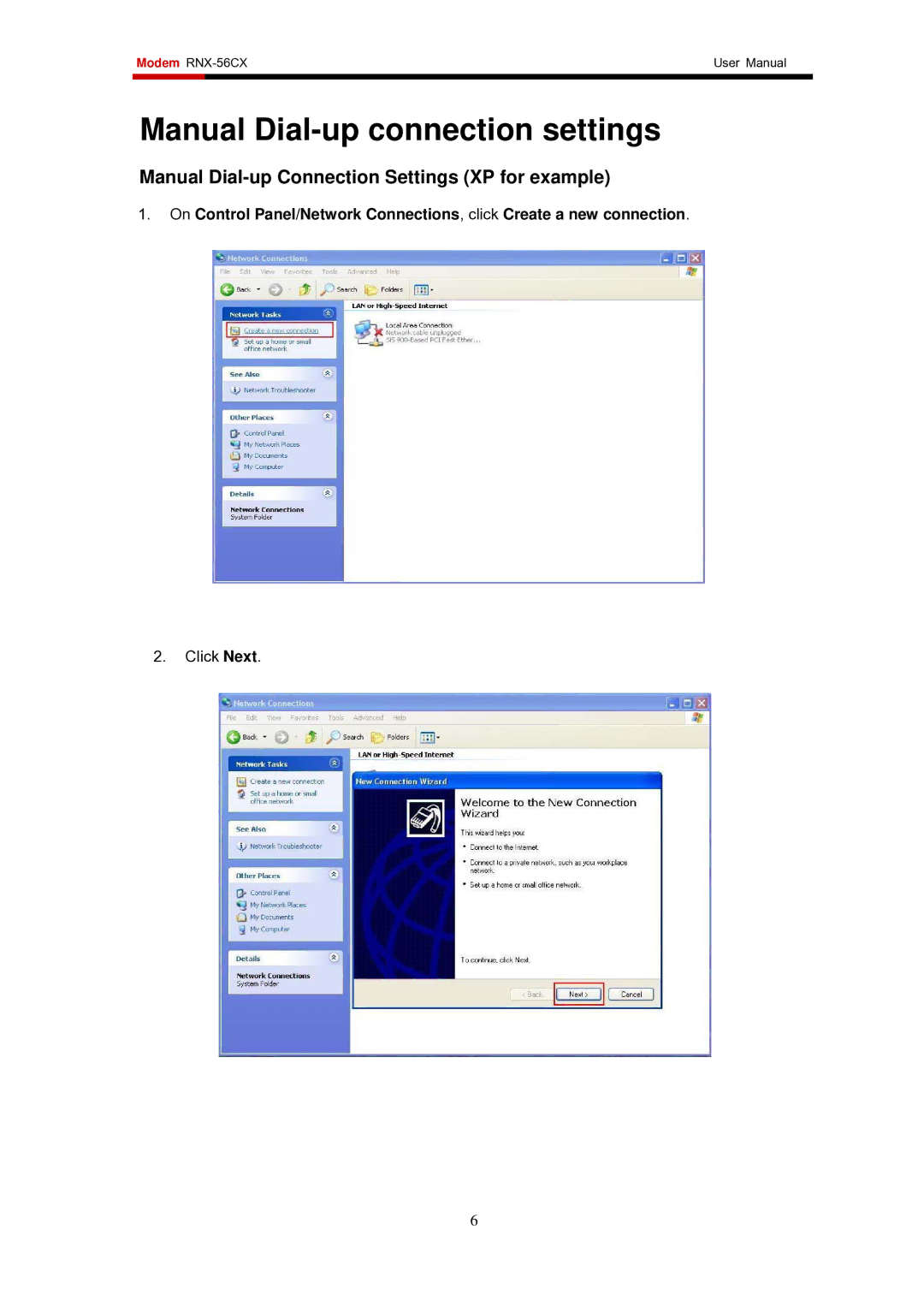 Rosewill RNX-56AG user manual Manual Dial-up connection settings, Manual Dial-up Connection Settings XP for example 