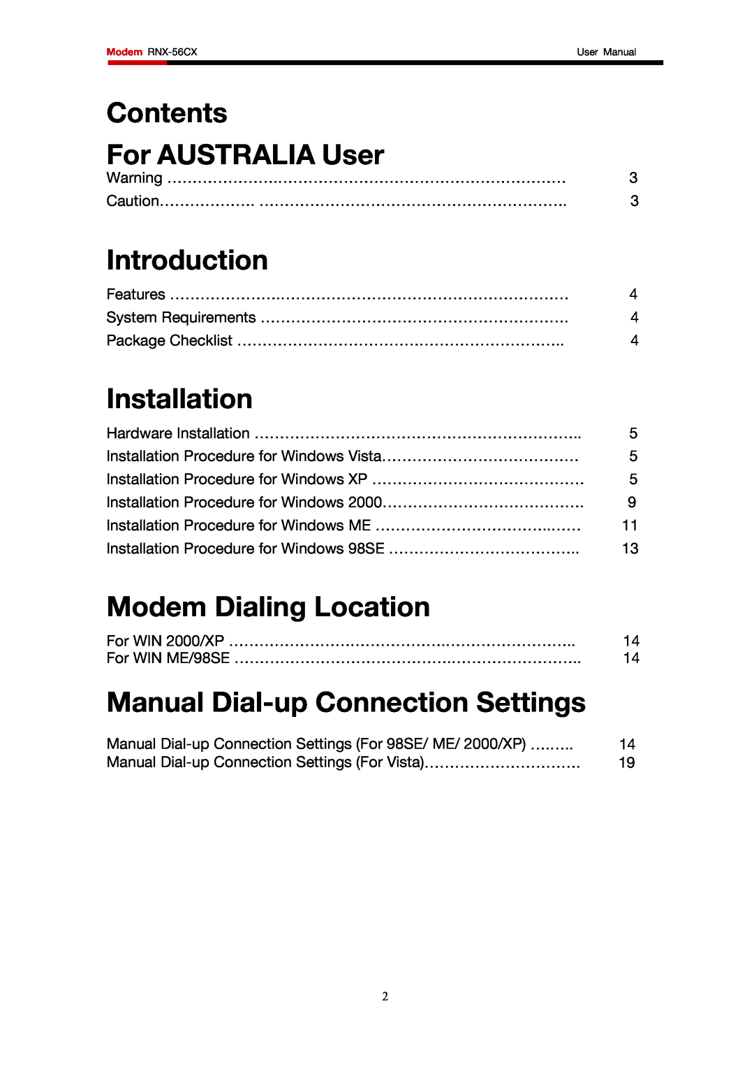 Rosewill RNX-56CX user manual Contents For AUSTRALIA User, Introduction, Installation, Modem Dialing Location 