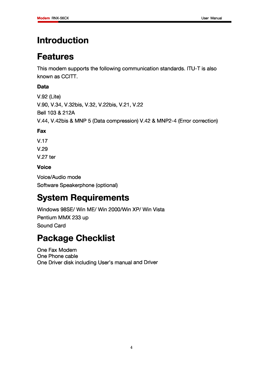 Rosewill RNX-56CX user manual Introduction Features, System Requirements, Package Checklist, Data, Voice 