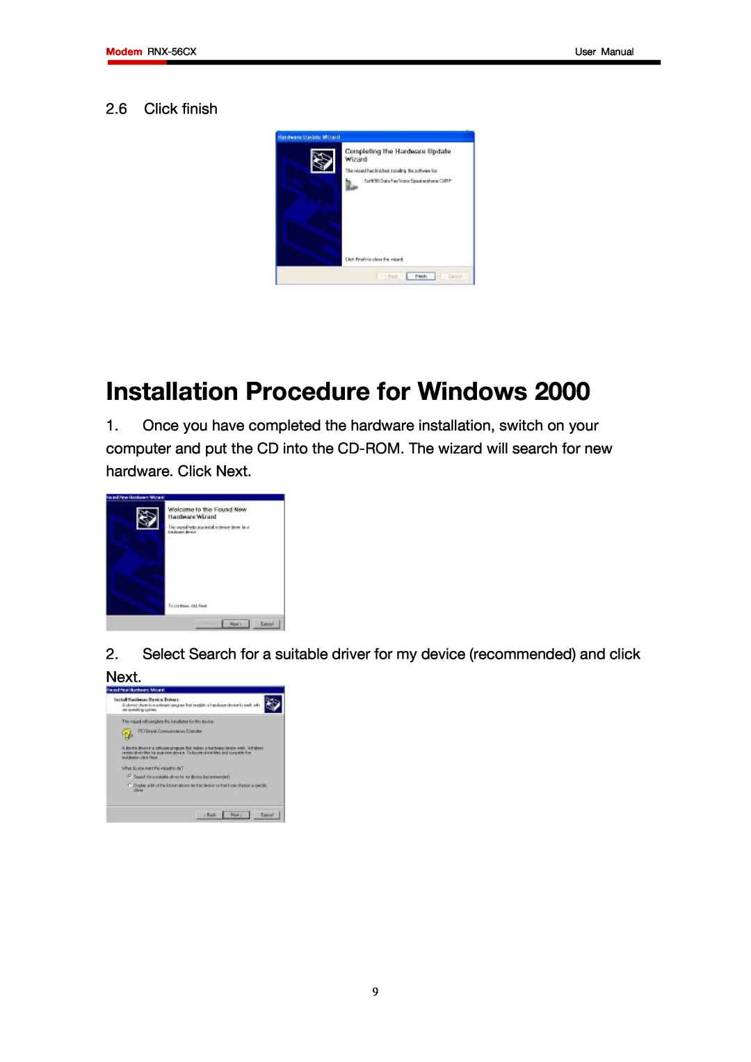 Rosewill user manual Installation Procedure for Windows, Click finish, Next, Modem RNX-56CX, User Manual 