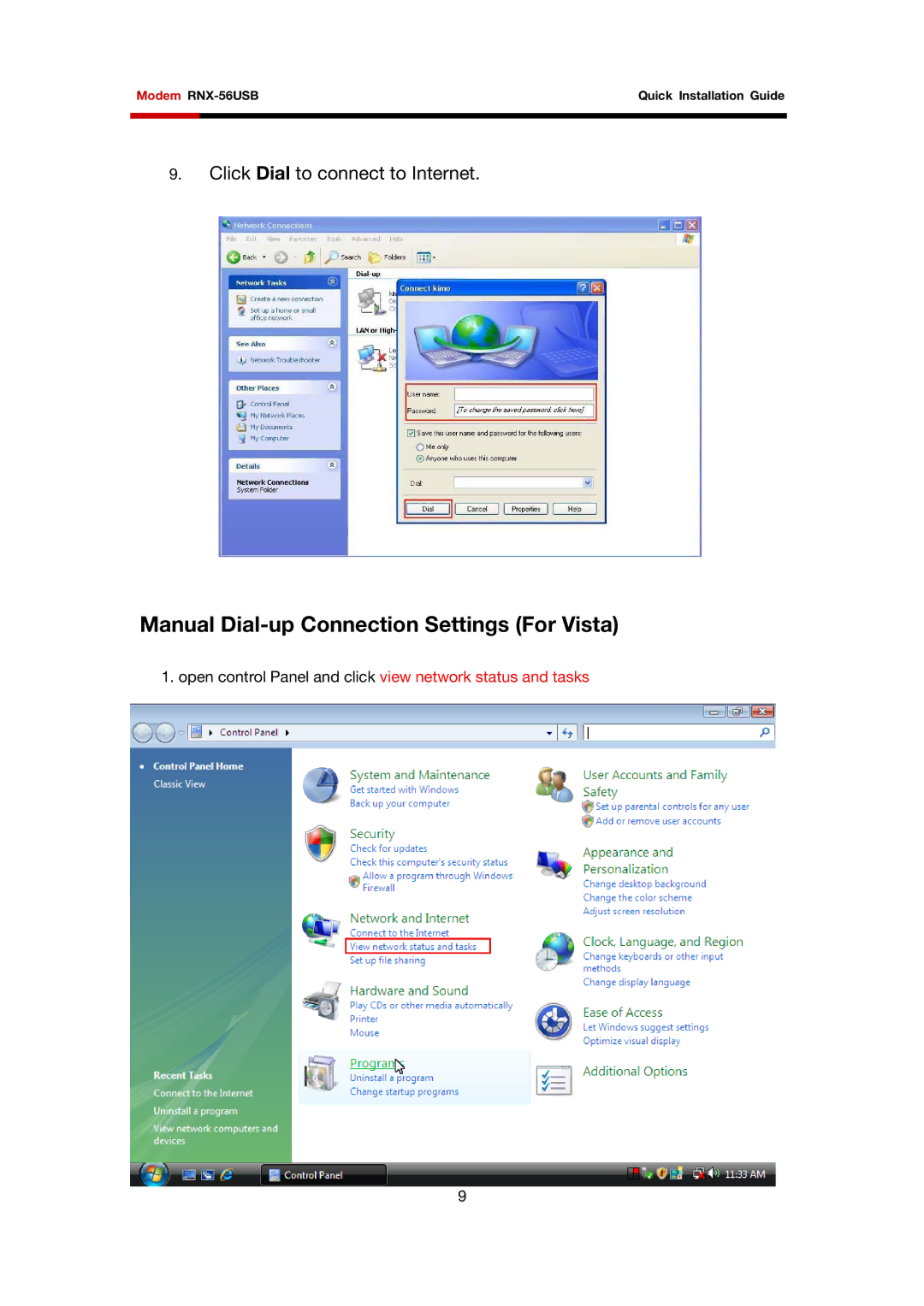 Rosewill RNX-56USB manual Manual Dial-up Connection Settings For Vista 