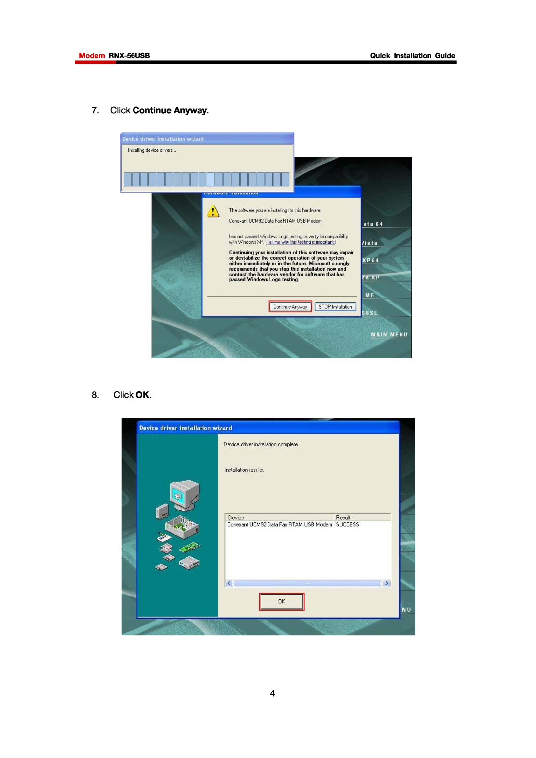Rosewill manual Click Continue Anyway, Click OK, Modem RNX-56USB, Quick Installation Guide 