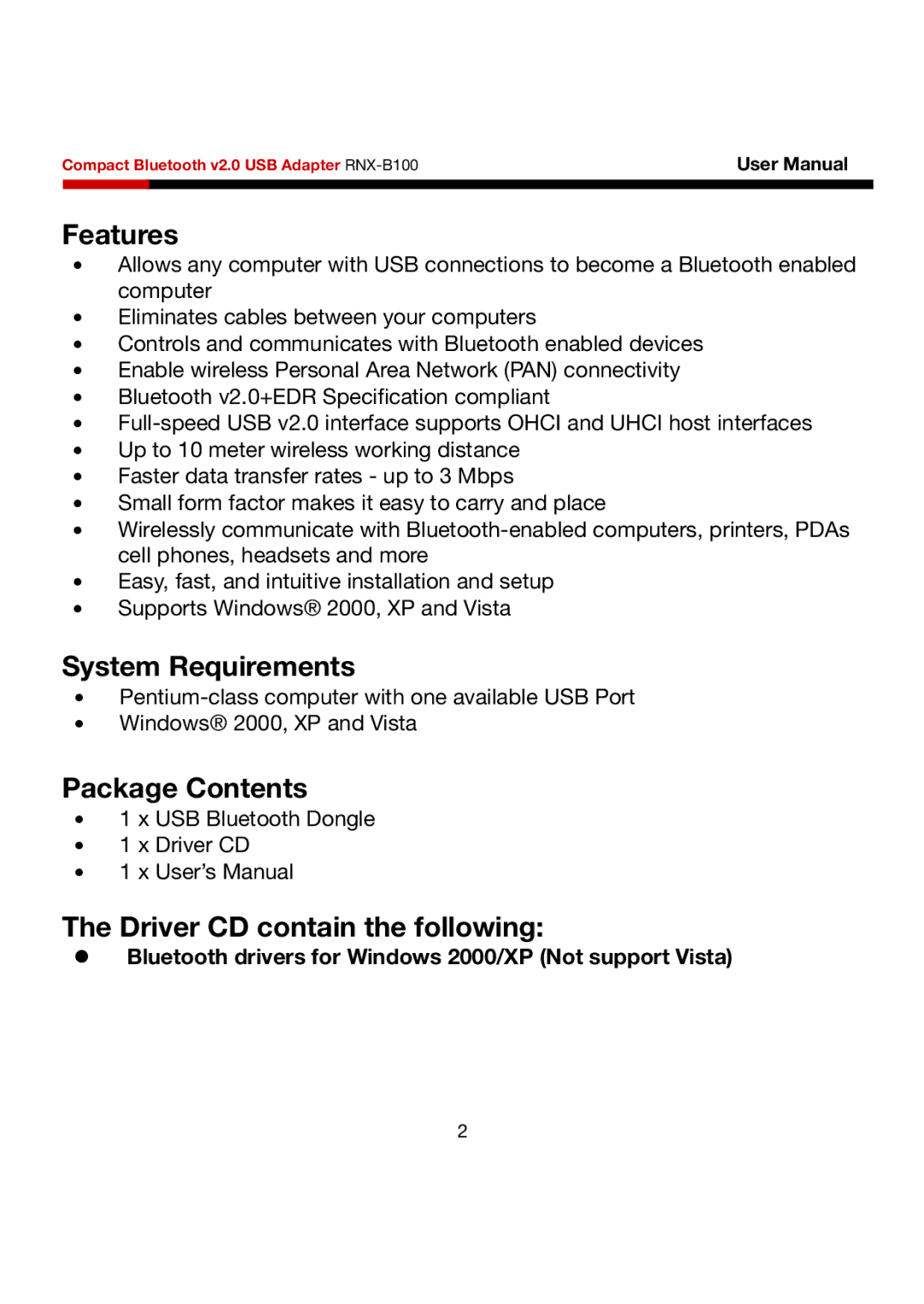 Rosewill RNX-B100 user manual Features, System Requirements, Package Contents, Driver CD contain the following 